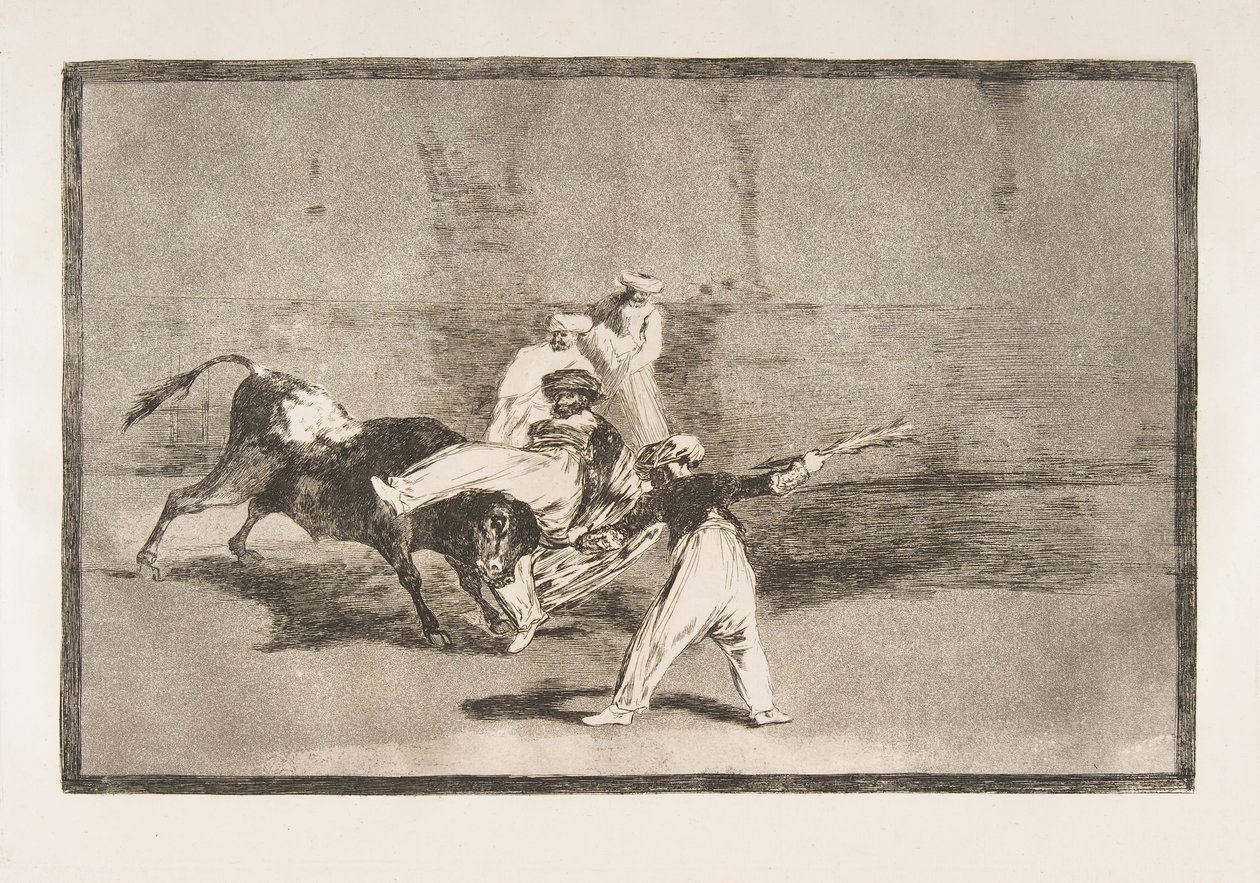 Tauromaquia-plade 8: En maur fanget af tyren i ringen, 1816. af Francisco de Goya