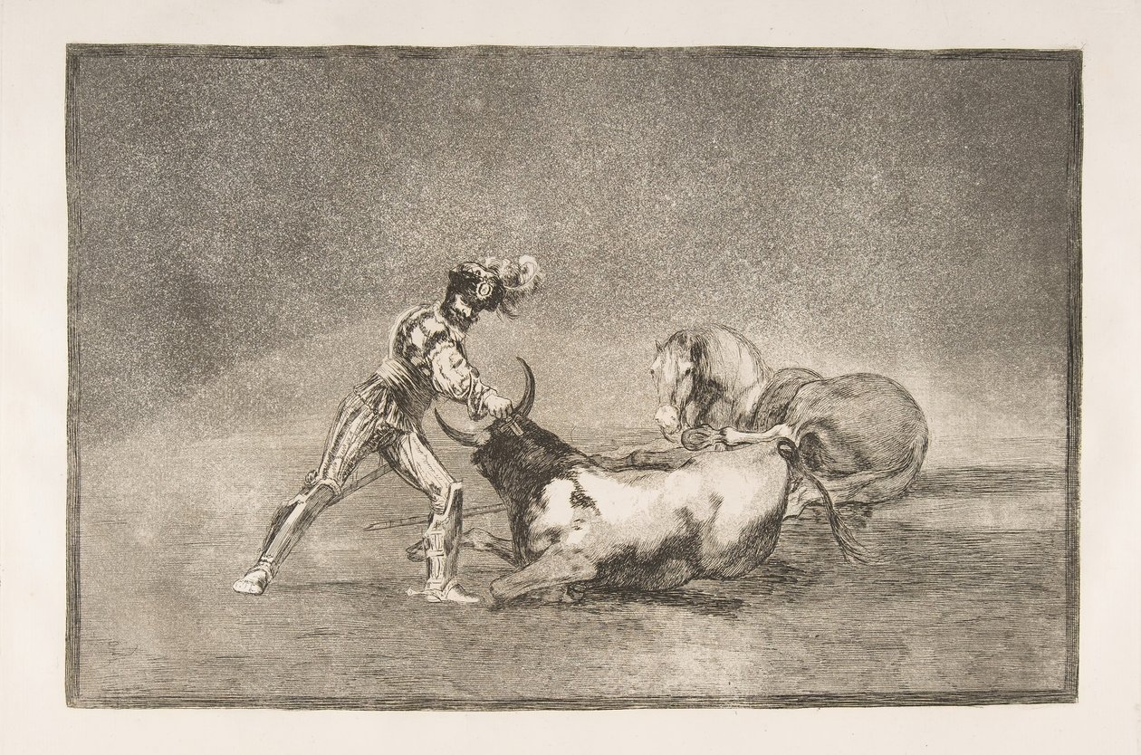 Tauromaquia-plade 9: En spansk ridder dræber tyren efter at have mistet sin hest., 1816. af Francisco de Goya