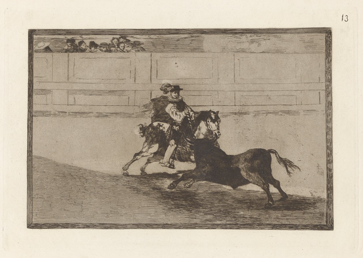 Un caballero espa?ol en plaza quebrando rejoncillos sin auxilio de los chulos (En spansk ridder i ringen, der knækker korte spyd uden hjælp fra assistenter), tavle 13 fra La tauromaquia af Francisco de Goya