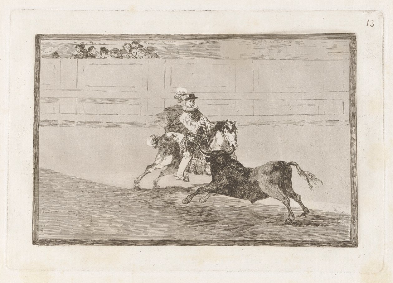 Un caballero espa?ol en plaza quebrando rejoncillos sin auxilio de los chulos (En spansk ridder i ringen, der knækker korte spyd uden hjælp fra assistenter), tavle 13 fra La tauromaquia af Francisco de Goya