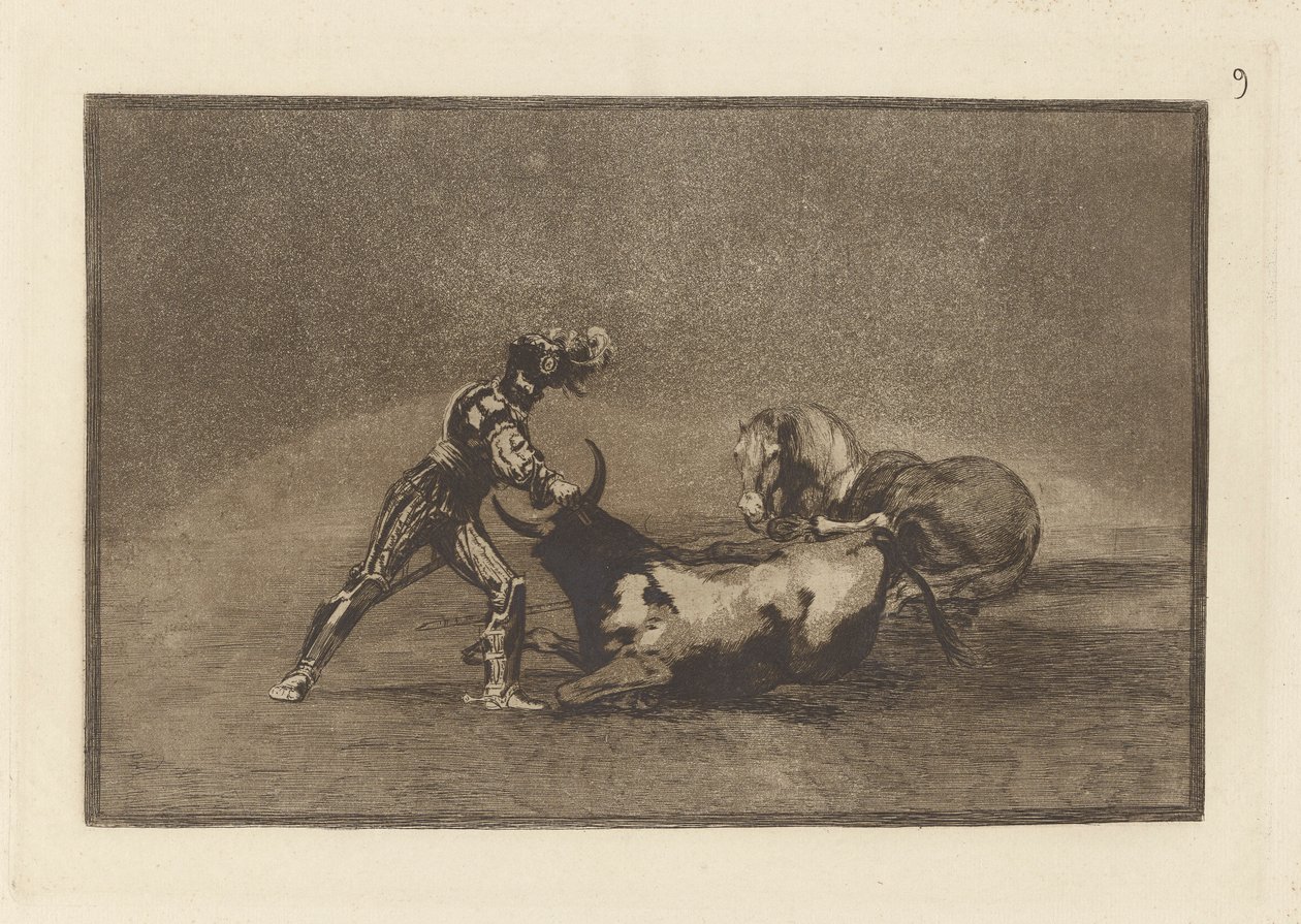 A Spanish Knight Kills the Bull after Having Lost His Horse (A Spanish Knight Kills the Bull after Having Lost his Horse), Plade 9 fra La tauromaquia af Francisco de Goya