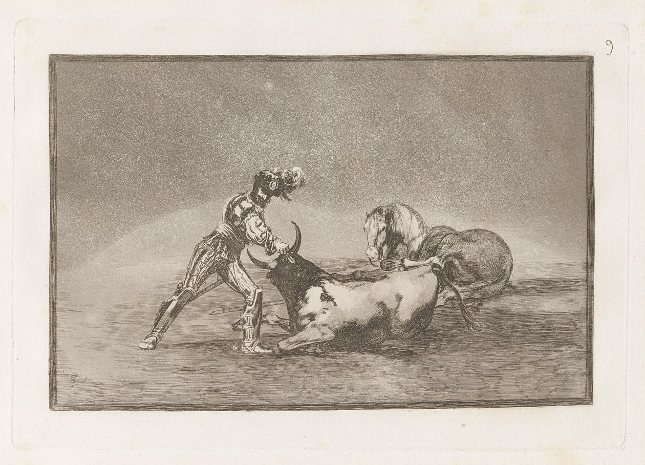 A Spanish Knight Kills the Bull after Having Lost His Horse (A Spanish Knight Kills the Bull after Having Lost his Horse), Plade 9 fra La tauromaquia af Francisco de Goya
