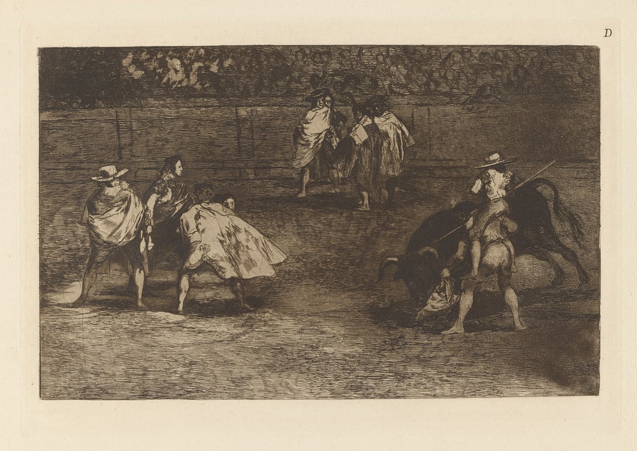 En tyrefægter rider på skuldrene af d?n chulo af Francisco de Goya