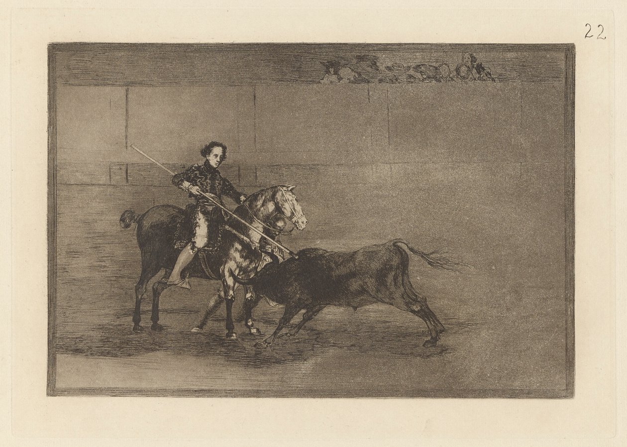 Valor manil de la c?lebre Pajuelera en la de Zaragoza (Manly Courage of the Celebrated Pajuelera in [ringen] ved Zaragossa), tavle 22 fra La tauromaquia af Francisco de Goya