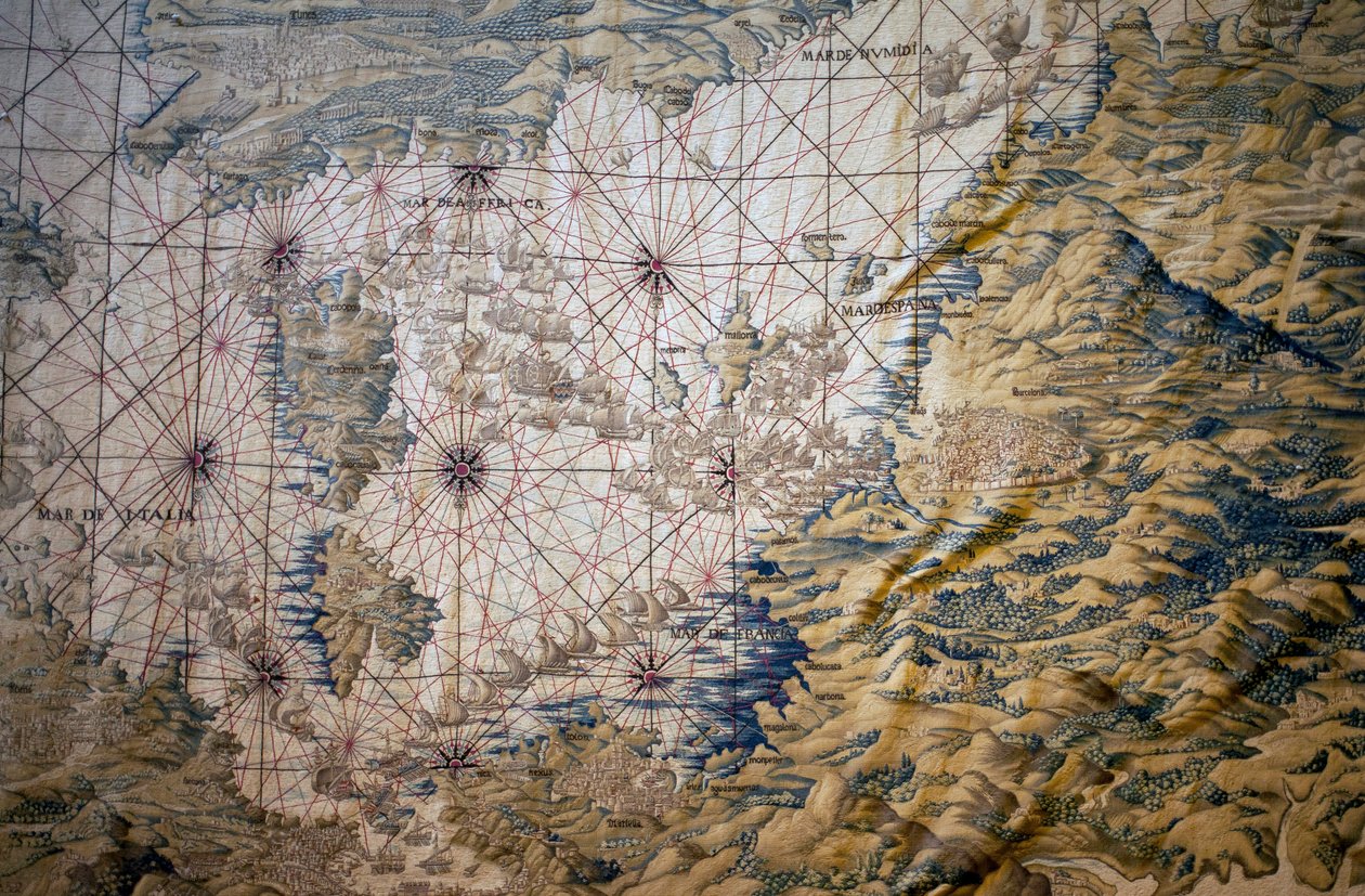 Kort over Middelhavet - Detalje af erobringen af Tunis (Tunesien) - Tapet af Francisco og Cornelius Van der Ggot (1700-tallet), vævet ind i den kongelige gobelinfabrik, midten af 1700-tallet, efter gobelin fra det 16. århundrede af Willem de Pannema af Francisco Ignacio Vandergoten Canyuwell