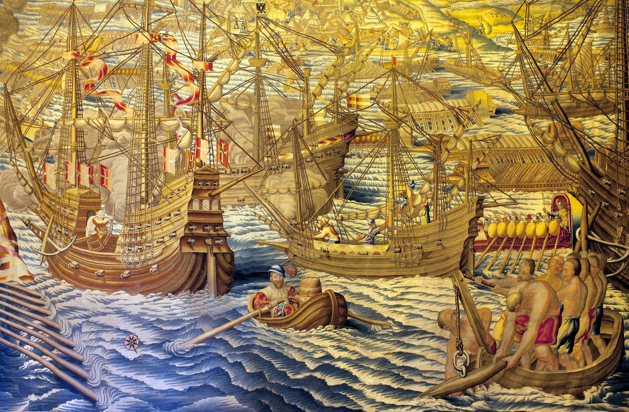 Skibene og barken - Detalje af erobringen af Tunis (Tunesien) - Tapet af Francisco og Cornelius Van der Ggot (1700-tallet), vævet ind i den kongelige gobelinfabrik, midten af det 18. århundrede, efter det 16. århundredes gobelin af Willem de Pannemaker - ( af Francisco Ignacio Vandergoten Canyuwell