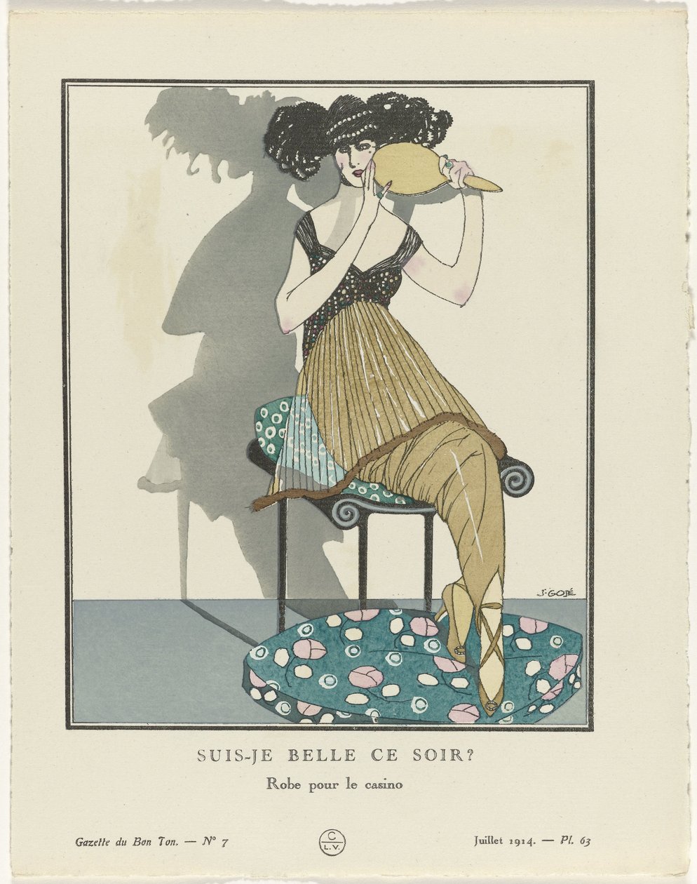 Gazette du Bon Ton. Kunst – Modes & Frivolities: Kunstnere Gazette du Bon Ton, 1914, nr. 7, pl. 63: Er jeg smuk i aften? / Kjole til kasinoet (titel på objekt) af Francisco Javier Gosé