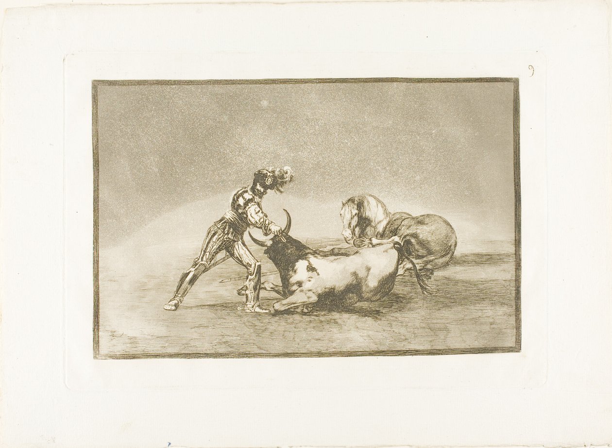 En spansk ridder dræber tyren efter at have mistet sin hest, plade ni fra The Art of Tyrefighting af Francisco Jose de Goya y Lucientes