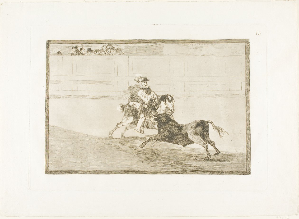 En spansk ridder i ringen brækker korte spyd uden hjælp fra assistenter, plade 13 fra The Art of Tyrefighting af Francisco Jose de Goya y Lucientes