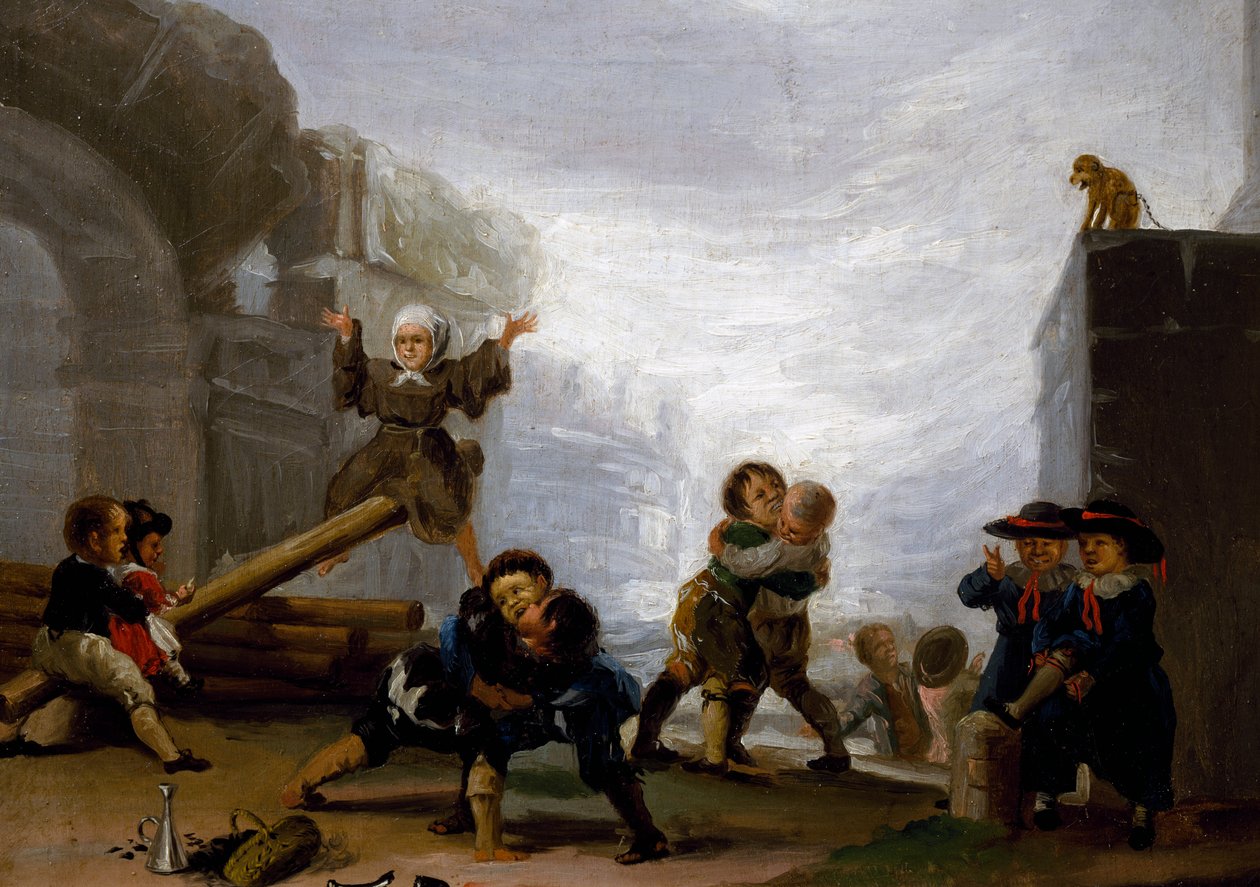 Børn, der kæmper og leger på en vippe af Francisco Jose de Goya y Lucientes