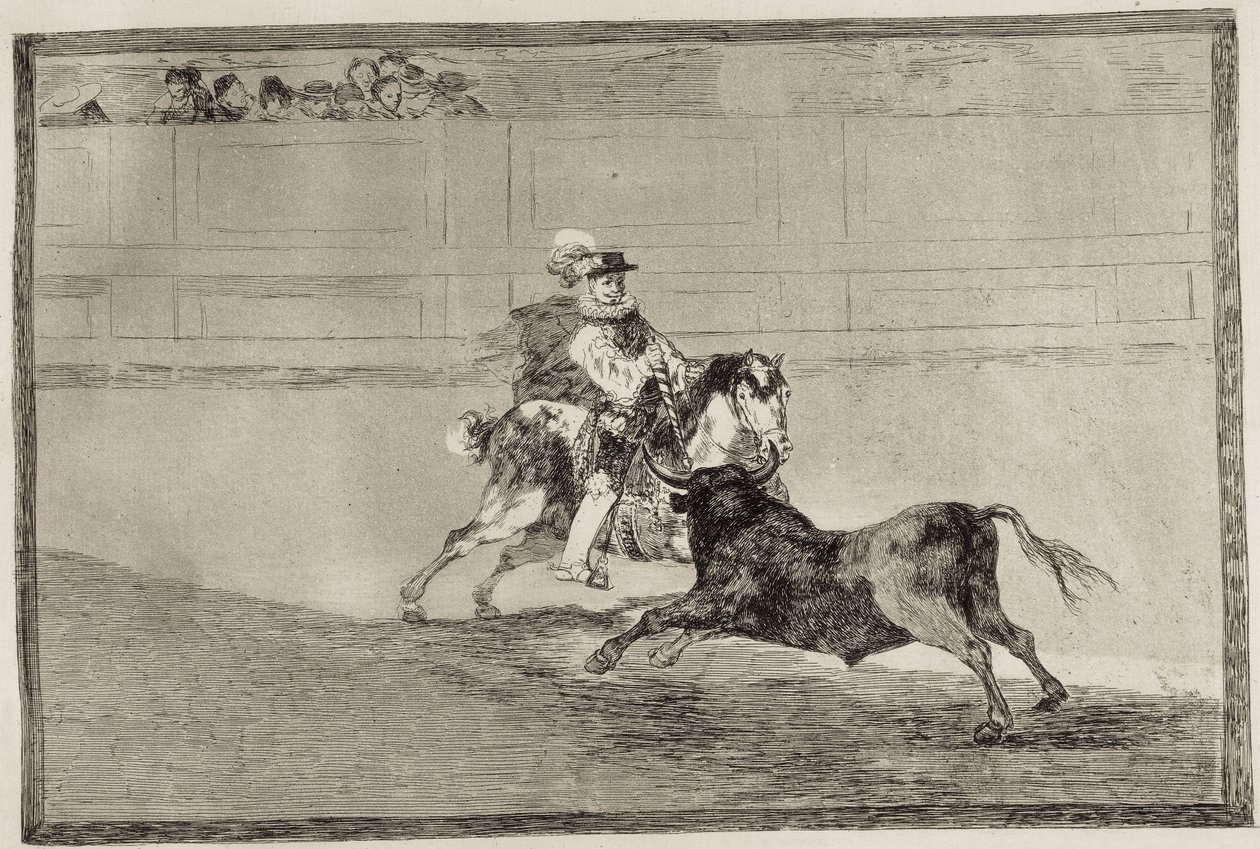 GOYA Y LUCIENTES, Francisco de (1746-1828). En spansk ridder i ringen knækkede korte spyd uden hjælp fra assistenter. 1816. Radering. SPANIEN. MADRID (AUTONOM FÆLLESSKAB). Madrid. Nationalbiblioteket af Francisco Jose de Goya y Lucientes