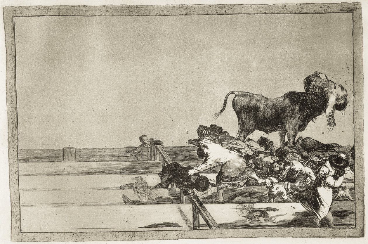 GOYA Y LUCIENTES, Francisco de (1746-1828). Frygtelige begivenheder på de forreste rækker af ringen i Madrid og Torrejons borgmesters død i 1801. 1816. Plade 21 af "The Art of Tyrefighting". Ætsning. SPANIEN. MADRID (AUTONOM FÆLLESSKAB). Madrid. national af Francisco Jose de Goya y Lucientes