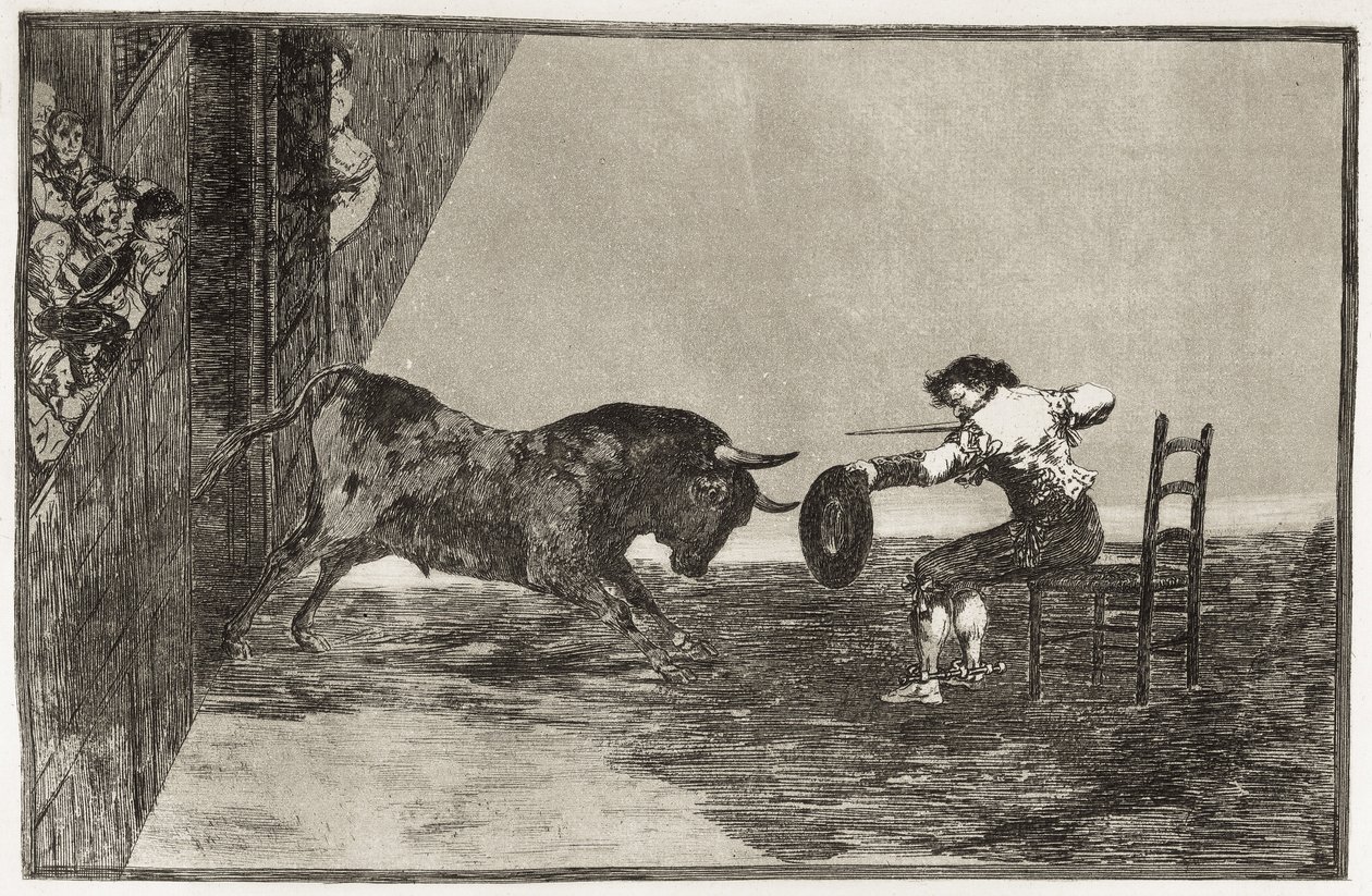 GOYA Y LUCIENTES, Francisco de (1746-1828). Martinchos (sandsynligvis Antonio Ebassum) vovemod i ringen ved Saragossa. 1816. (24,9 x 35,7 cm). Plade 18 af "Kunsten at tyrefægtning". Ætsning. SPANIEN. MADRID (AUTONOM FÆLLESSKAB). Madrid. Nationalbiblioteket af Francisco Jose de Goya y Lucientes