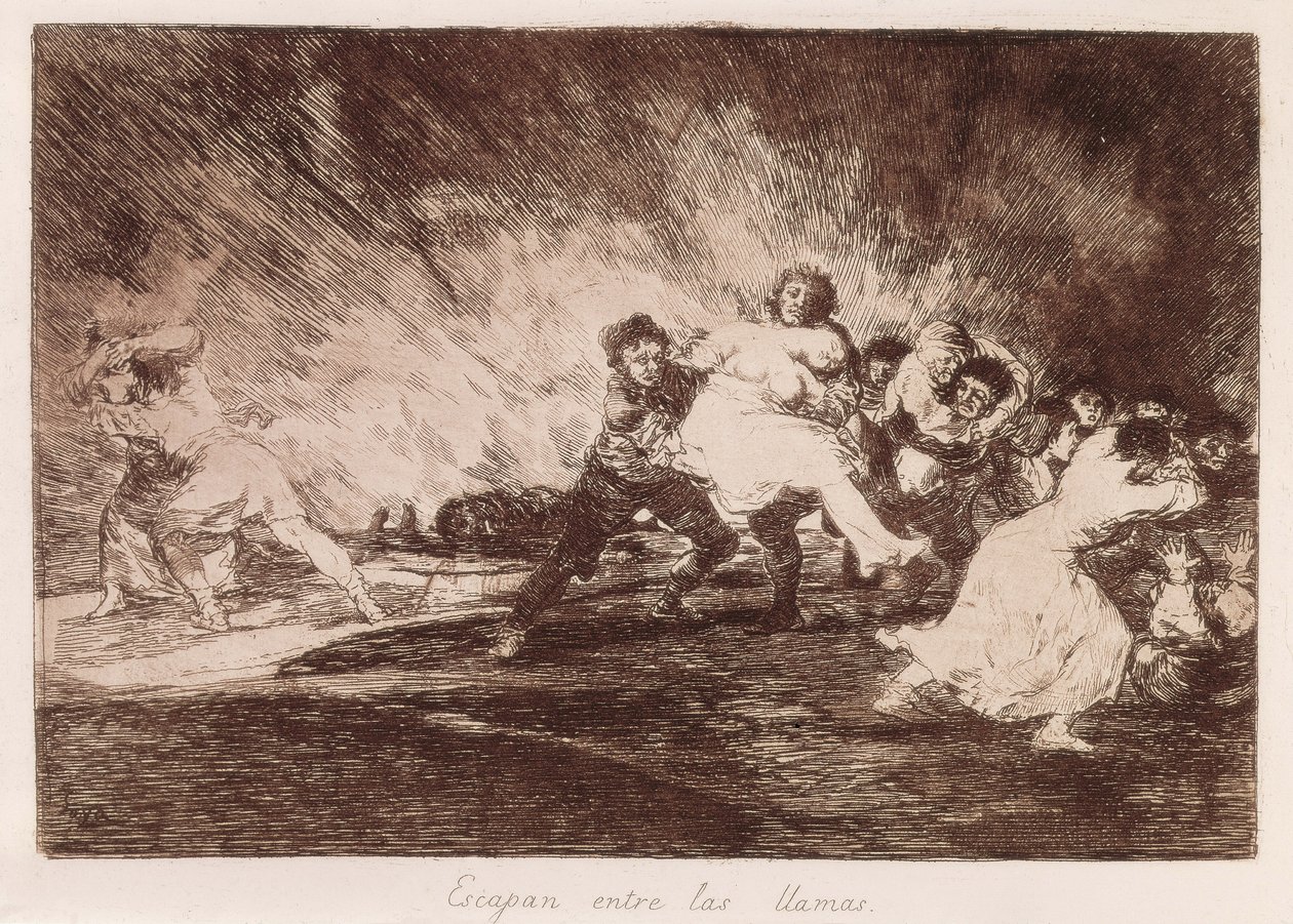 GOYA Y LUCIENTES, Francisco de (1746-1828). De flygter gennem flammerne. 1810-1812. (16,1 x 23,3 cm). Plade 47 af "The Disasters of War". Ætsning. SPANIEN. MADRID (AUTONOM FÆLLESSKAB). Madrid. Nationalbiblioteket af Francisco Jose de Goya y Lucientes