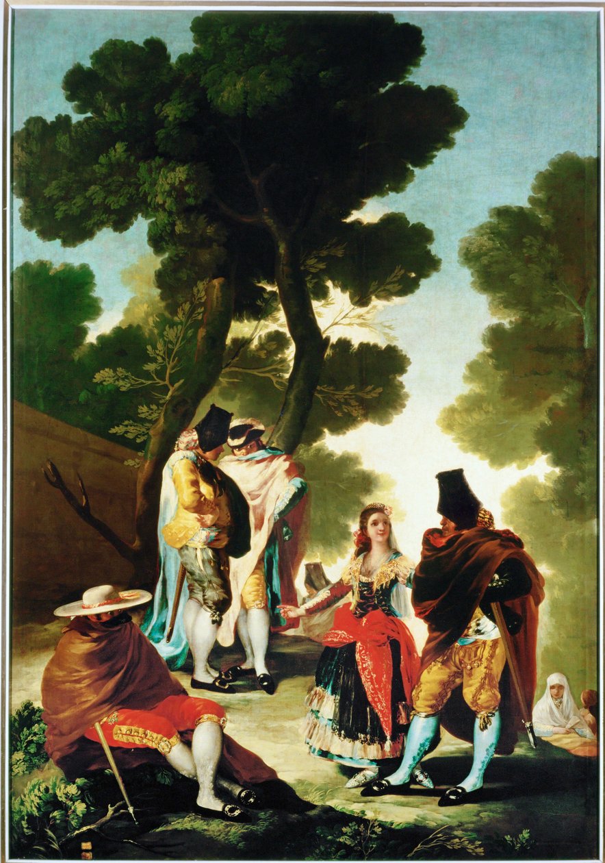 La maja y los Embozados - majaen og de kappeklædte mænd, tegneserie til billedtæppet 40-06-09/42 ... (maleri på lærred) af Francisco Jose de Goya y Lucientes