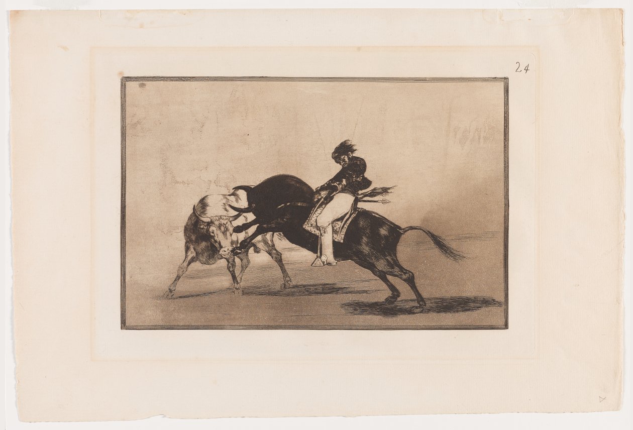 Tallerken 24 fra La Tauromaquia: The Same Ceballos monteret på Another Bull Breaks Korte spyd i ringen i Madrid af Francisco Jose de Goya y Lucientes