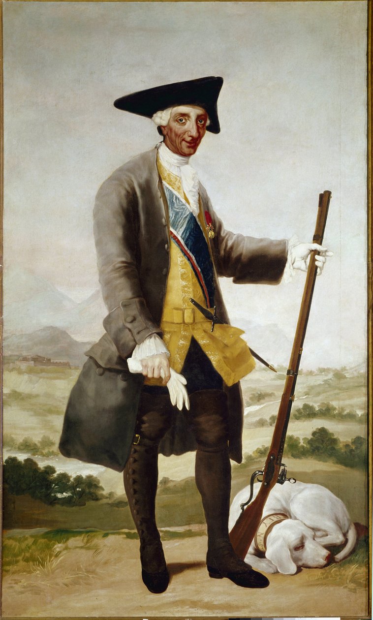 Portræt af Charles III og Hunter. (olie på lærred af Francisco de Goya