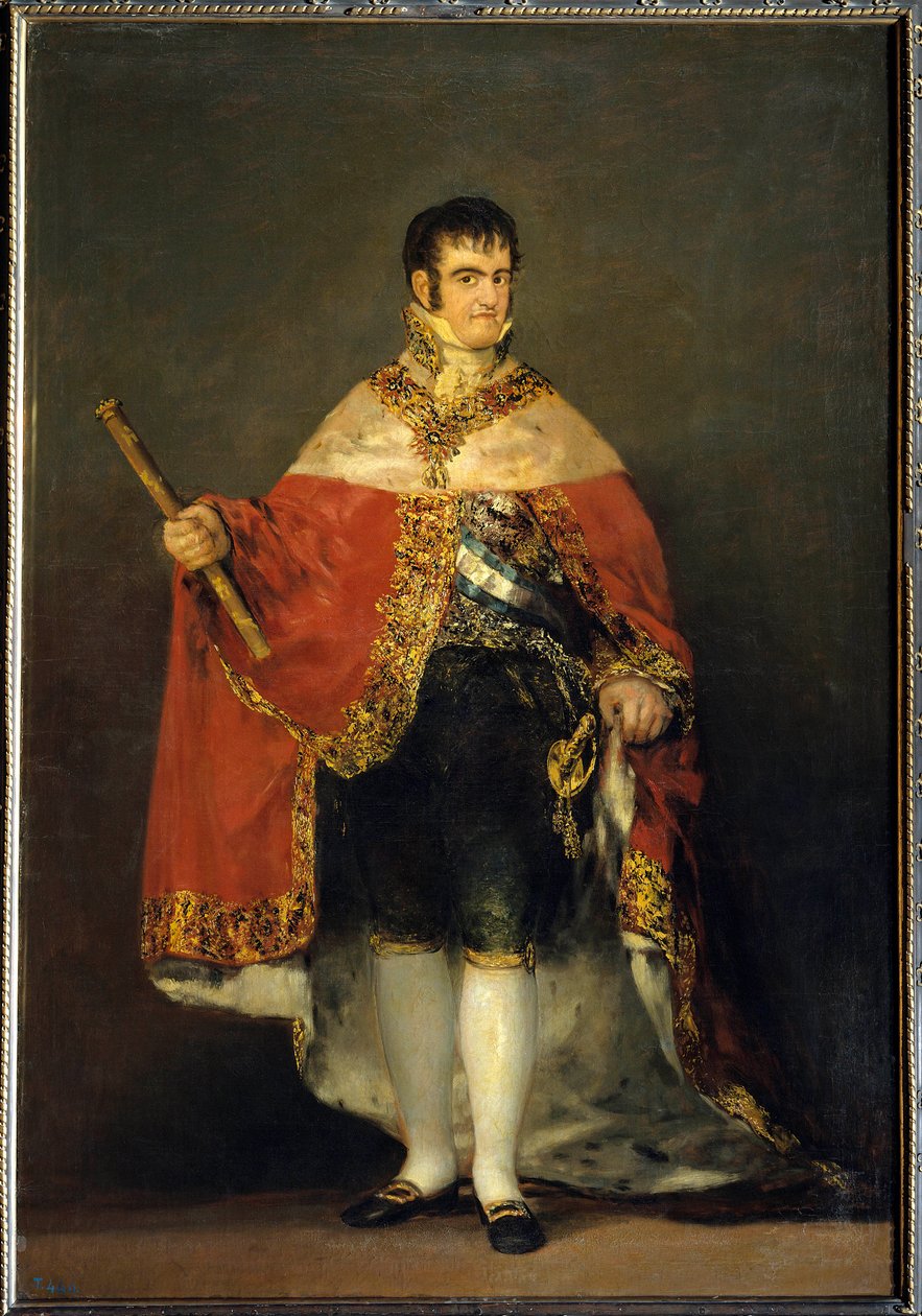 Portræt af kong Ferdinand VII (1784-1833) i kongelig dragt. Omkring 1815. Madrid. Musee du Prado - Portræt af kong Ferdinand VII (1784-1833) med kongekappe. Maleri af Francisco de Goya og Lucients af Francisco de Goya