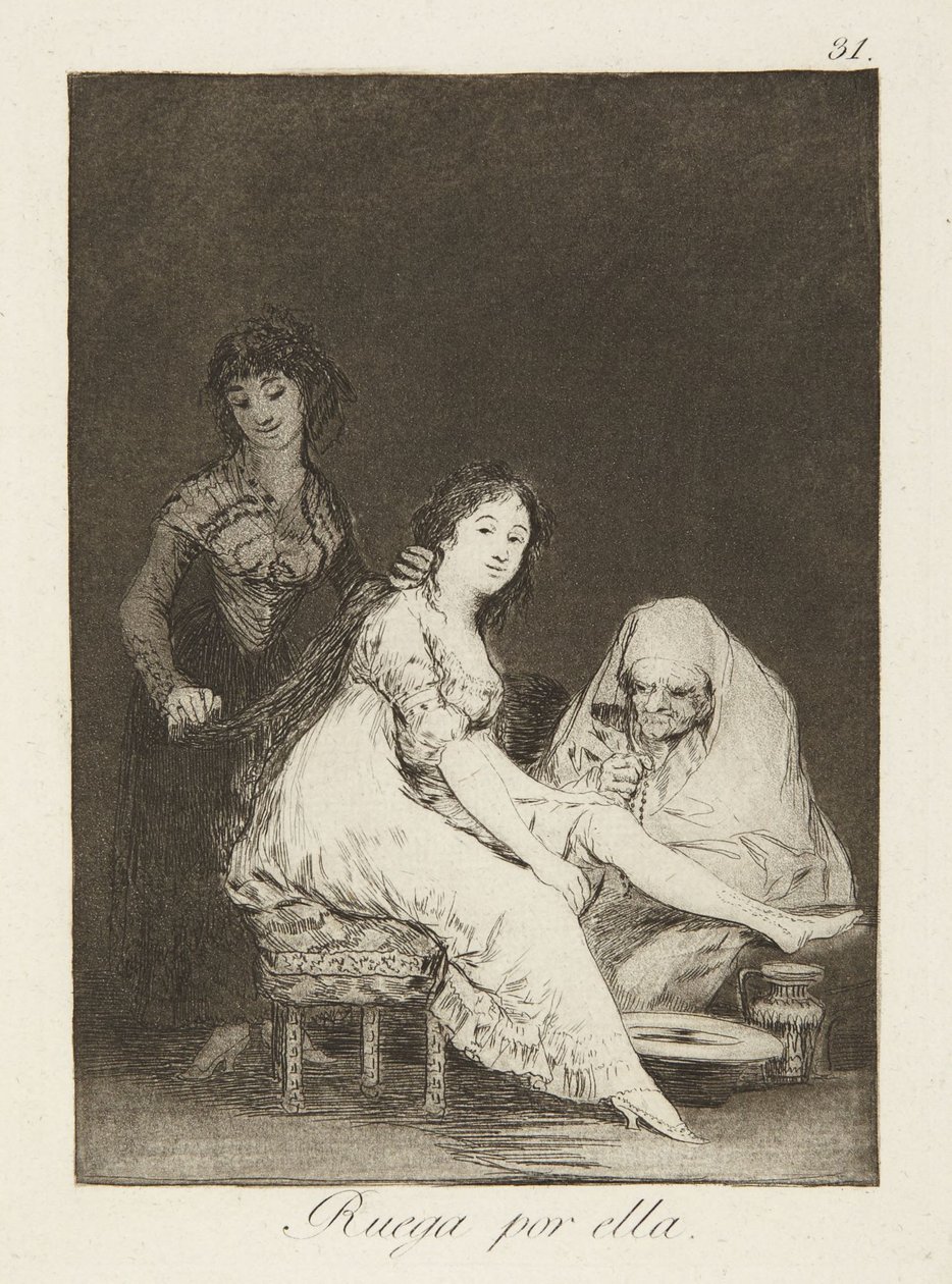 Bed for hende (She prays for her), plade 31 fra Los Caprichos af Francisco Jose de Goya y Lucientes