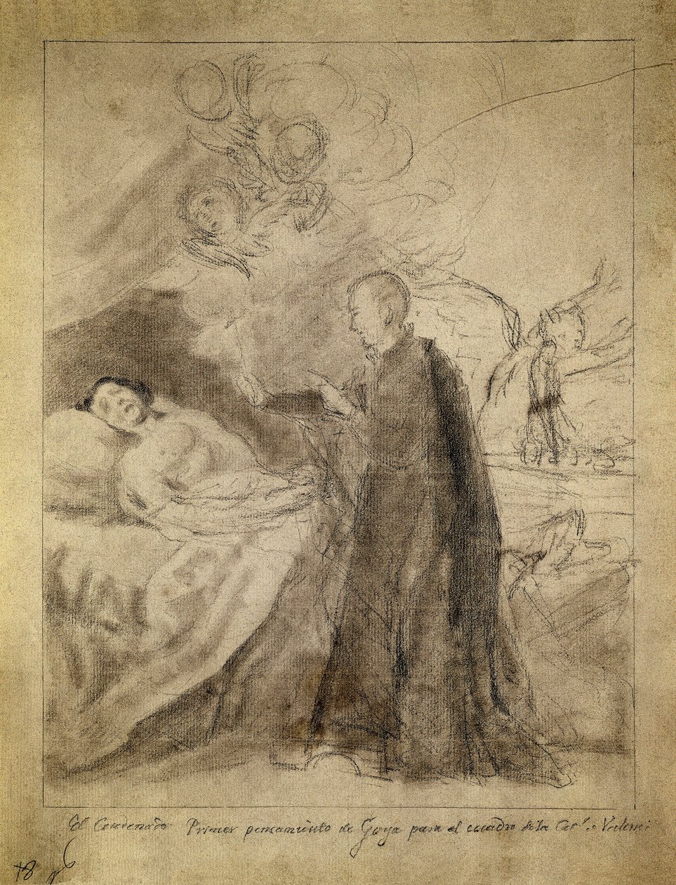Sankt Francois (Francis) Borgia (1510-1578) ved sengen til en døende ubodsmand. Tegning 1788, af Francisco de Goya y Lucientes (1746-1828). Skitse til maleriet af samme titel bestilt af familien Ausuna. Prado-museet, Madrid. af Francisco Jose de Goya y Lucientes