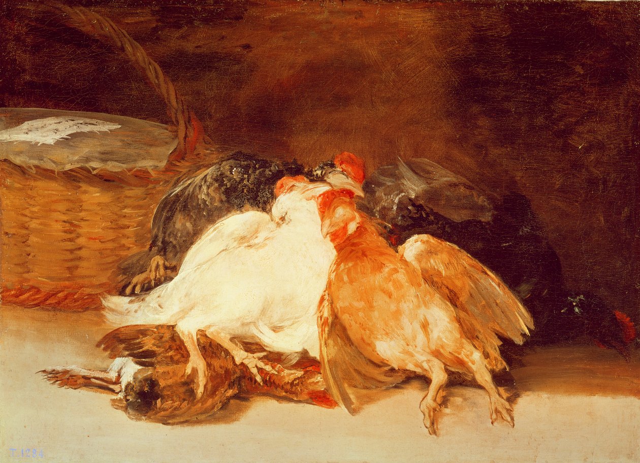 Stilleben med døde kyllinger og en flettet kurv (olie på lærred) af Francisco de Goya