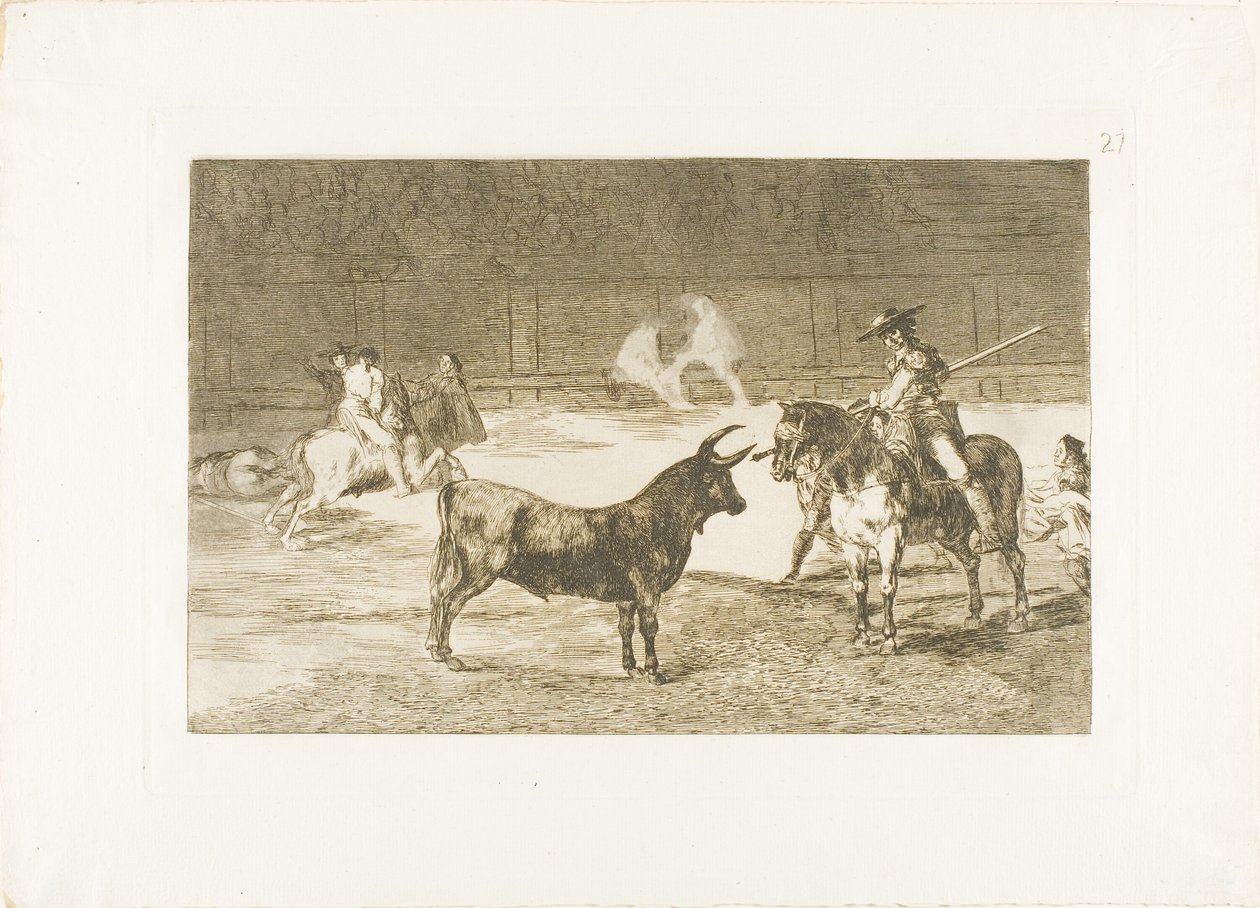 Den fejrede Picador, Fernando del Toro, tegner det voldsomme udyr på med sin piké, tallerken 27 fra The Art of Tyrefighting af Francisco Jose de Goya y Lucientes