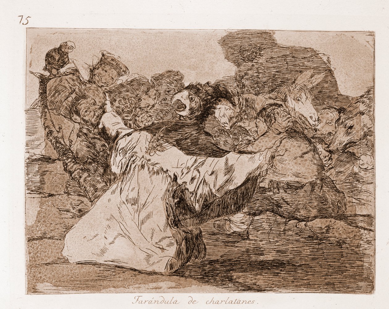 The Disasters of War: Farandole af charlataner (radering fra forberedende tegning af Francisco de Goya