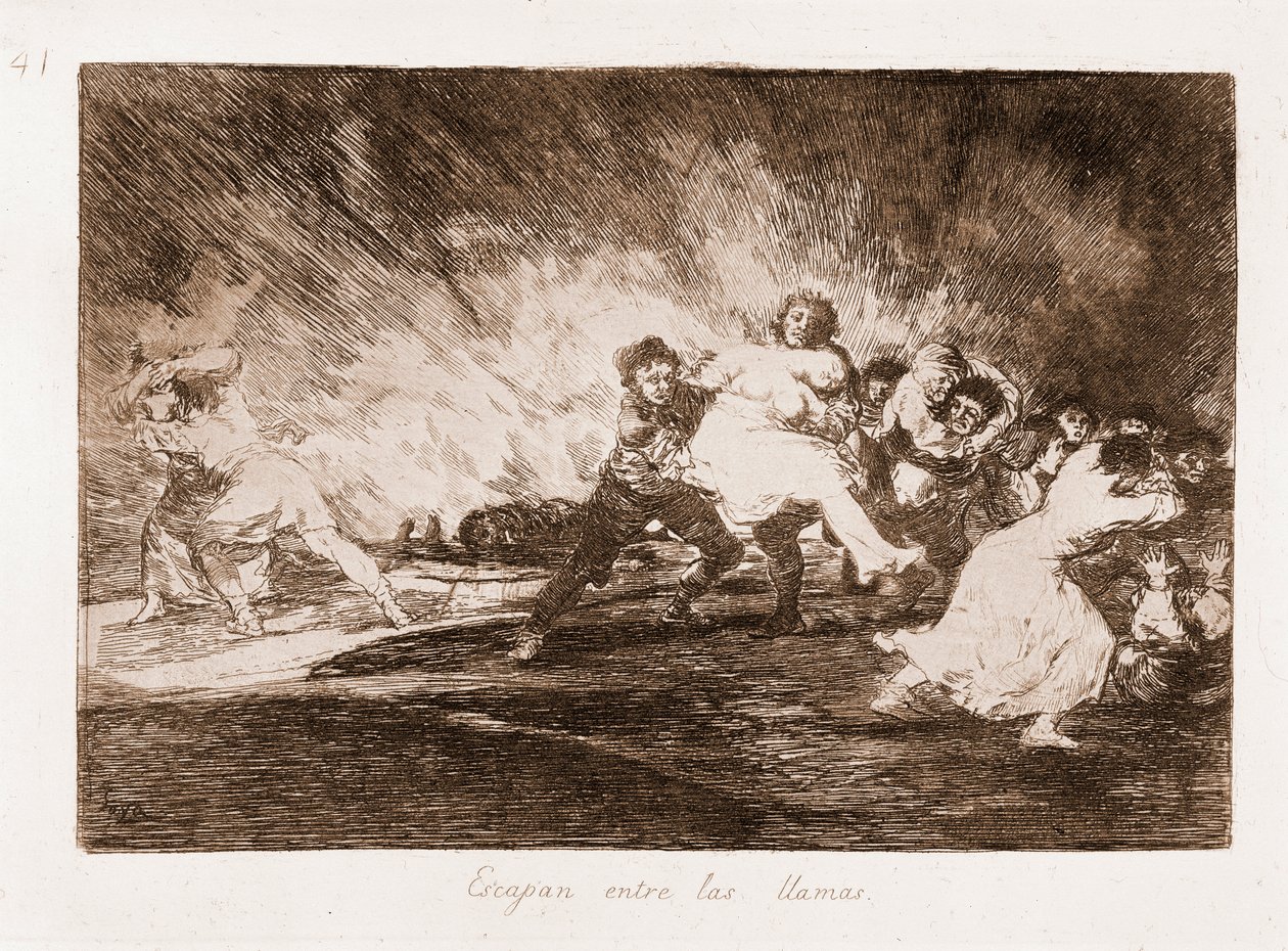 The Disasters of War: De flygter gennem flammerne (ætsning fra tegning af Francisco de Goya