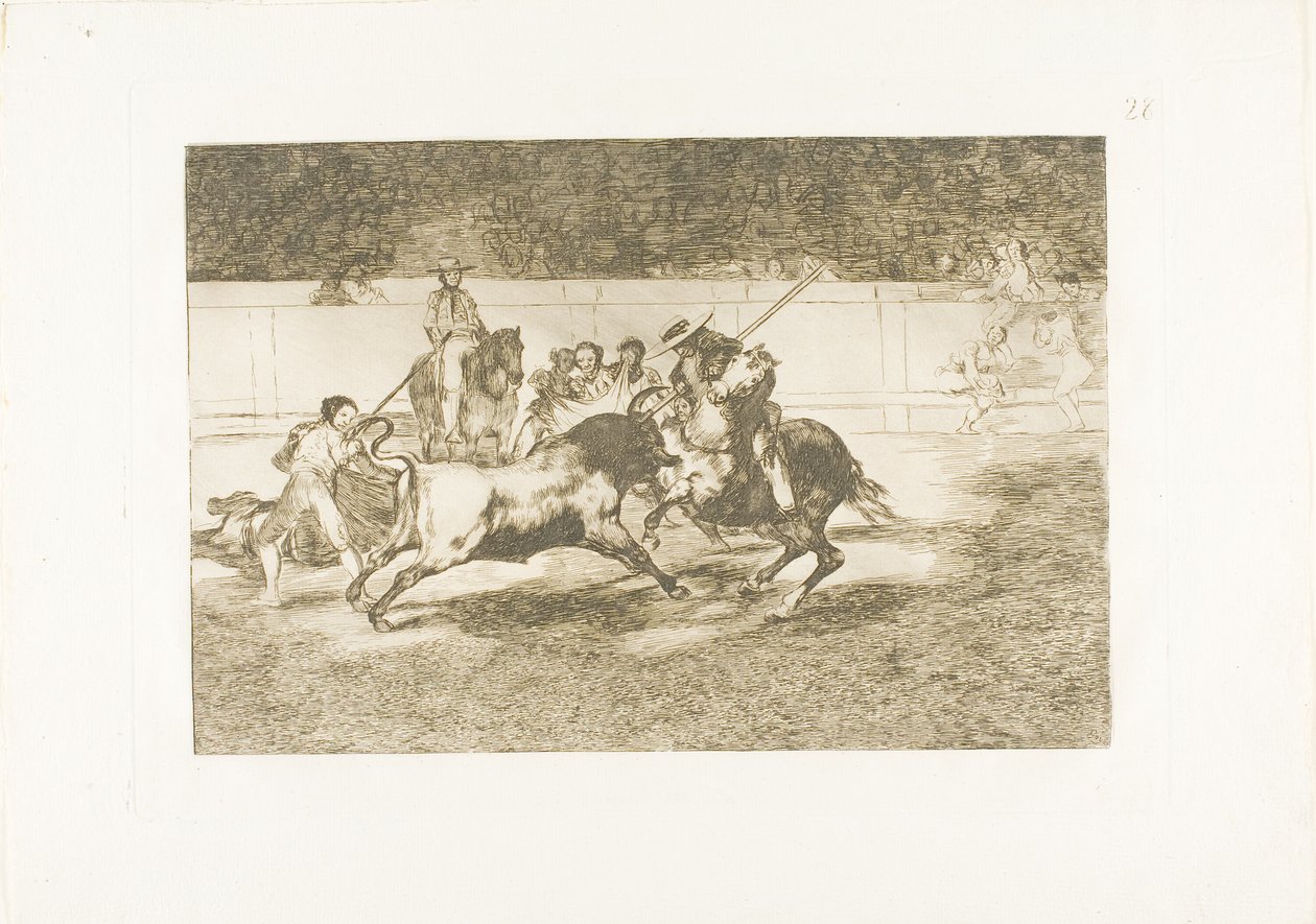 Den kraftfulde Rendón stikker en tyr med piquéen, hvorfra han døde i ringen i Madrid, plade 28 fra The Art of Tyrefighting af Francisco Jose de Goya y Lucientes