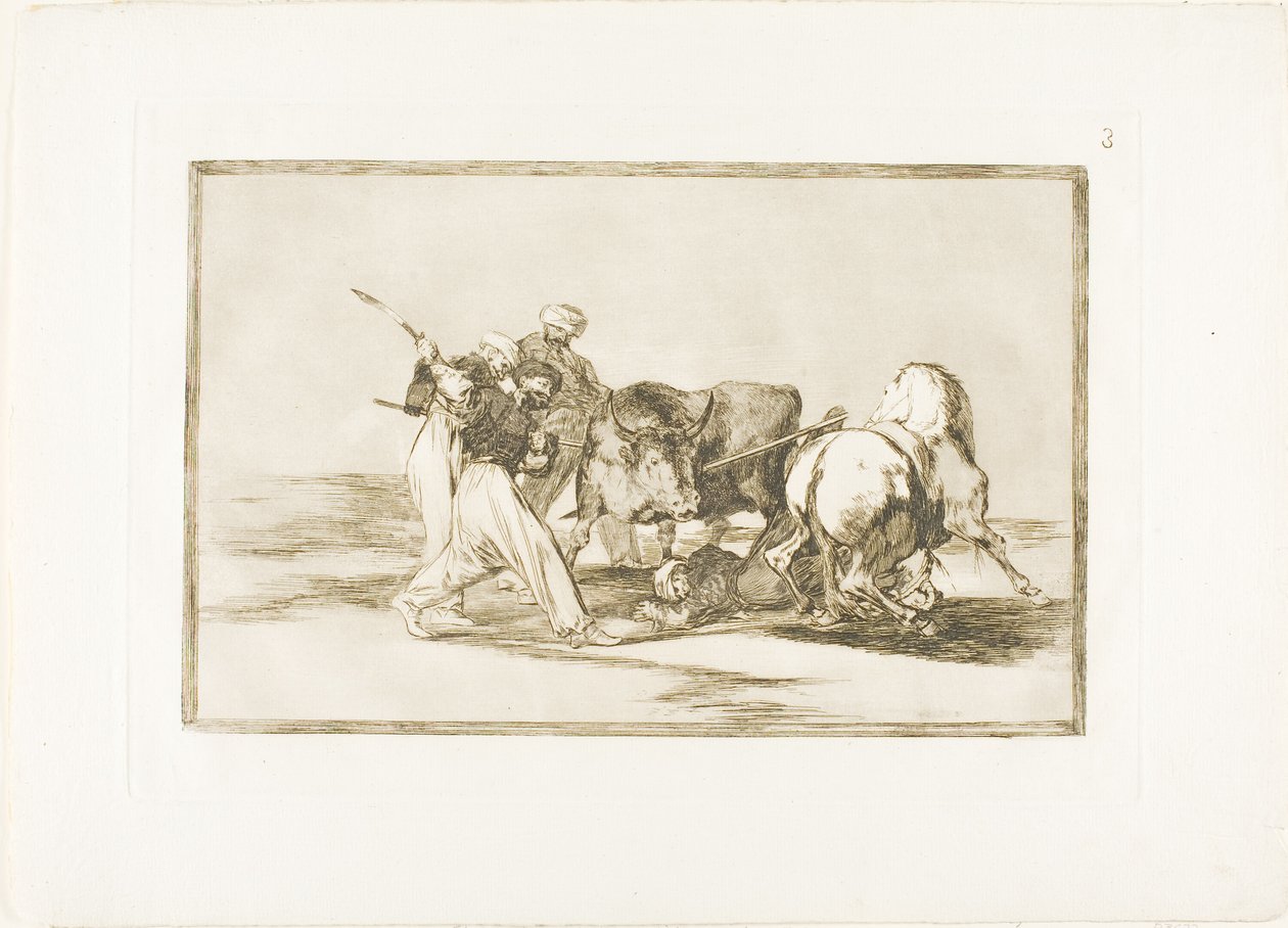 Maurerne havde slået sig ned i Spanien, opgivet overtroen i Koranen, overtaget denne jagtkunst og spyd en tyr i det fri, plade tre fra The Art of Tyrefighting af Francisco Jose de Goya y Lucientes
