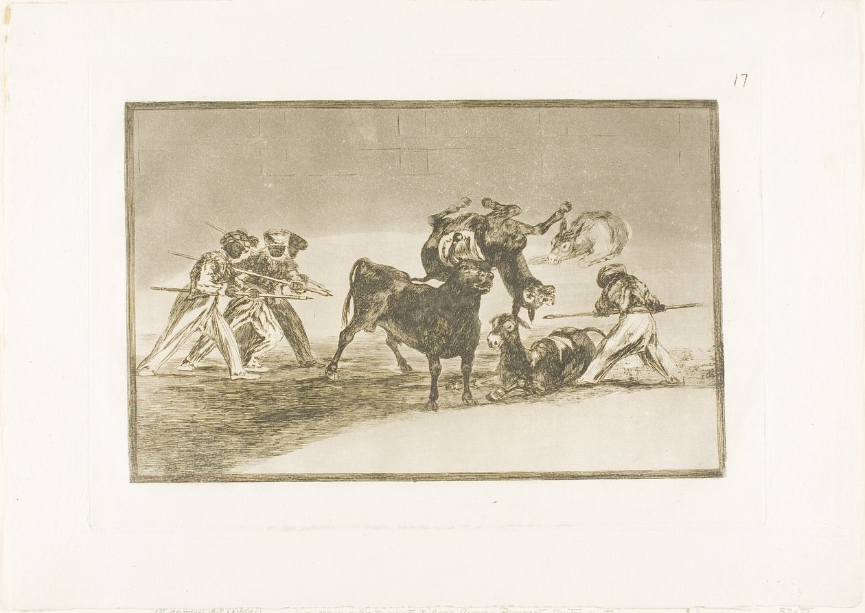 Maurerne bruger æsler som barriere til at forsvare sig mod tyren, hvis horn er blevet tippet med bolde, plade 17 fra The Art of Tyrefighting af Francisco Jose de Goya y Lucientes