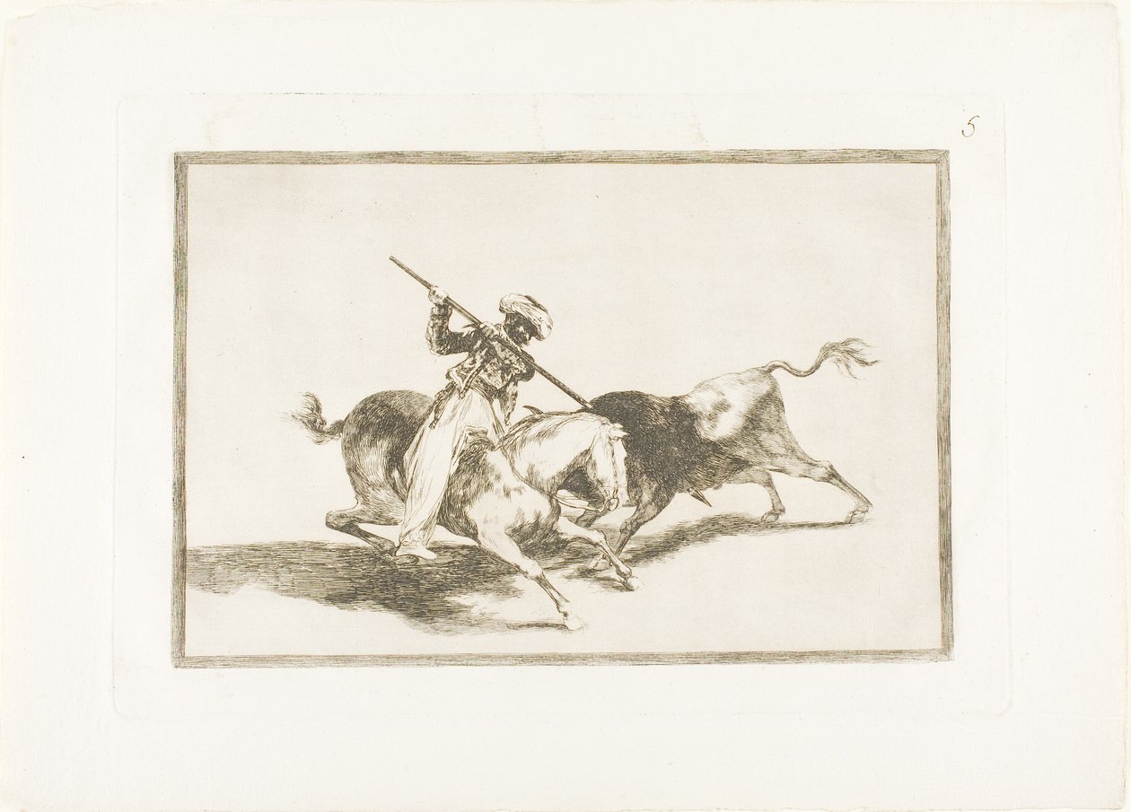 Den spændende Moor Gazul er den første til at spyde tyre i henhold til regler, plade fem fra kunsten at tyrefægtning af Francisco Jose de Goya y Lucientes