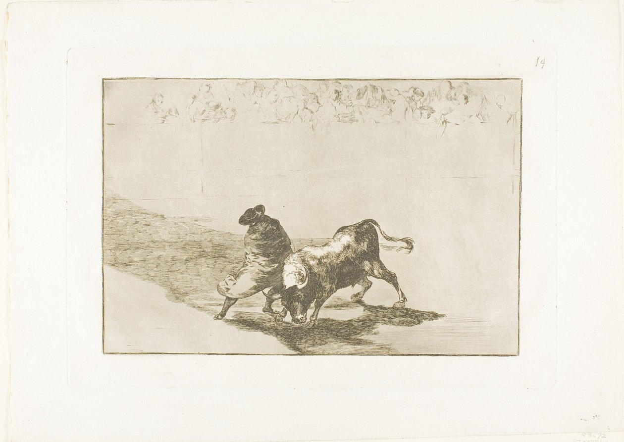 Falkens meget dygtige elev, svøbt i sin kappe, tricker tyren med legemets leg, tallerken 14 fra The Art of Tyrefighting af Francisco Jose de Goya y Lucientes