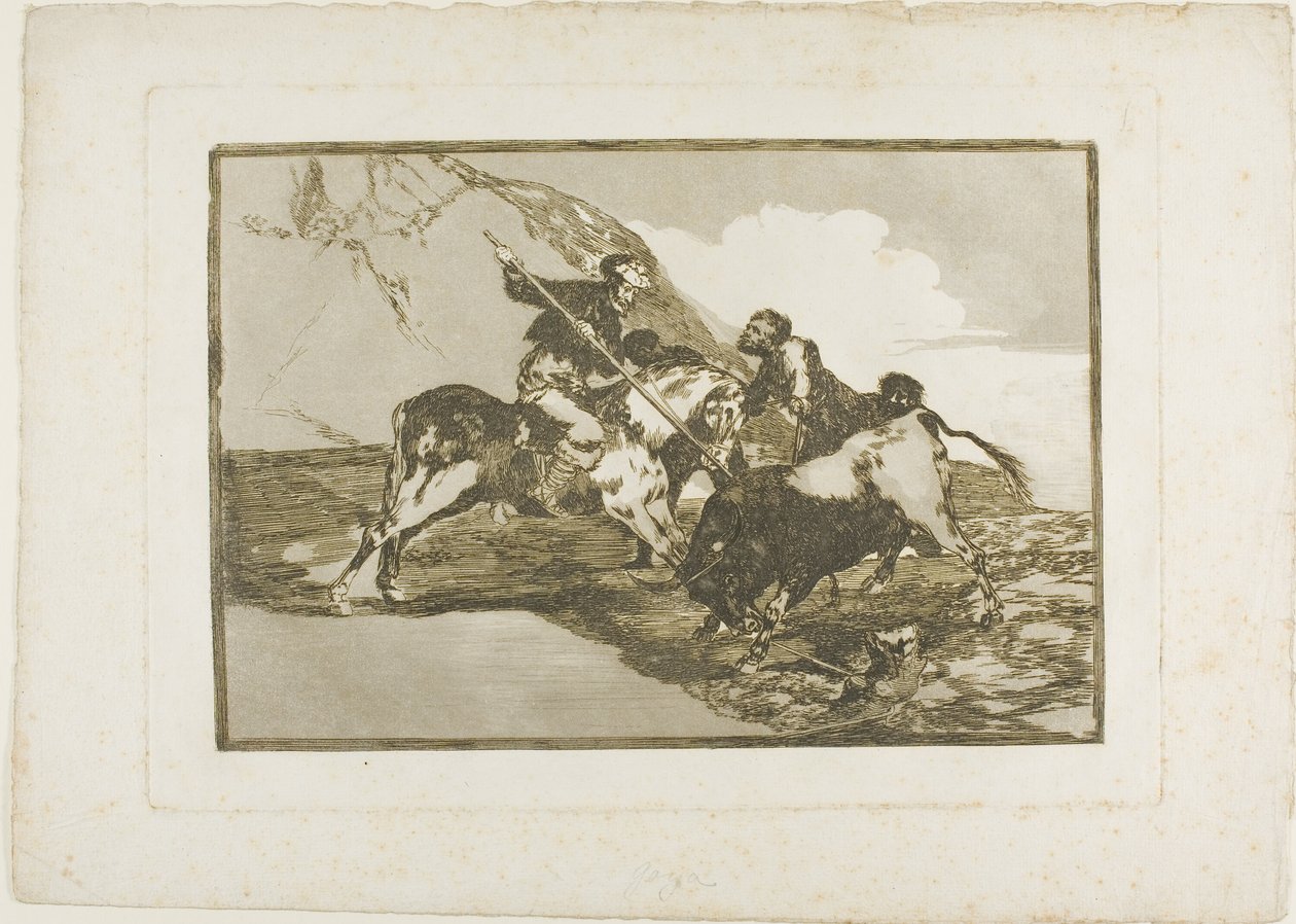 Måden, hvorpå de gamle spaniere jagede tyre til hest i det åbne land, plade en fra The Art of Tyrefighting af Francisco Jose de Goya y Lucientes
