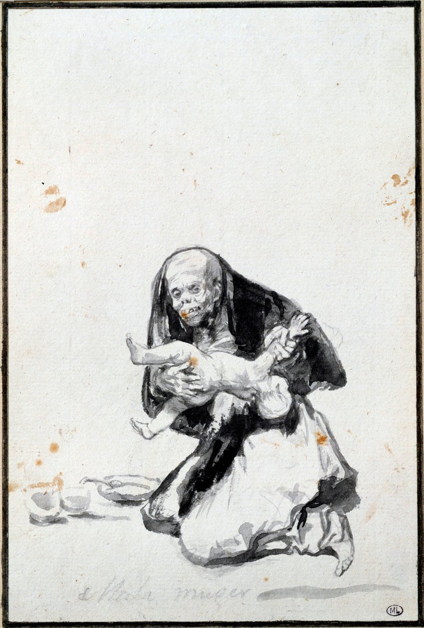 Den dårlige kvinde (Mala mujer). Den onde kvinde. Antropofagi scene, en heks fortærer et barn. Grå vask af Francisco Goya y Lucientes (1746-1828) Søn. 0,21x0,14 m Paris, musee du Louvre af Francisco de Goya