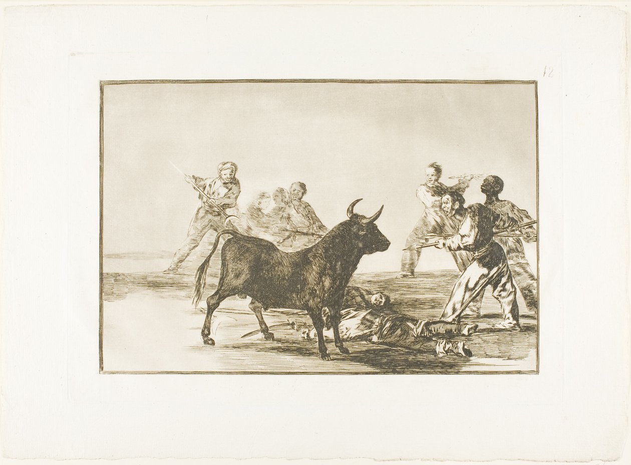Pøbelen har tyren i hamstring med lanser, segl, banderillaer og andre arme, plade tolv fra The Art of Tyrefighting af Francisco Jose de Goya y Lucientes