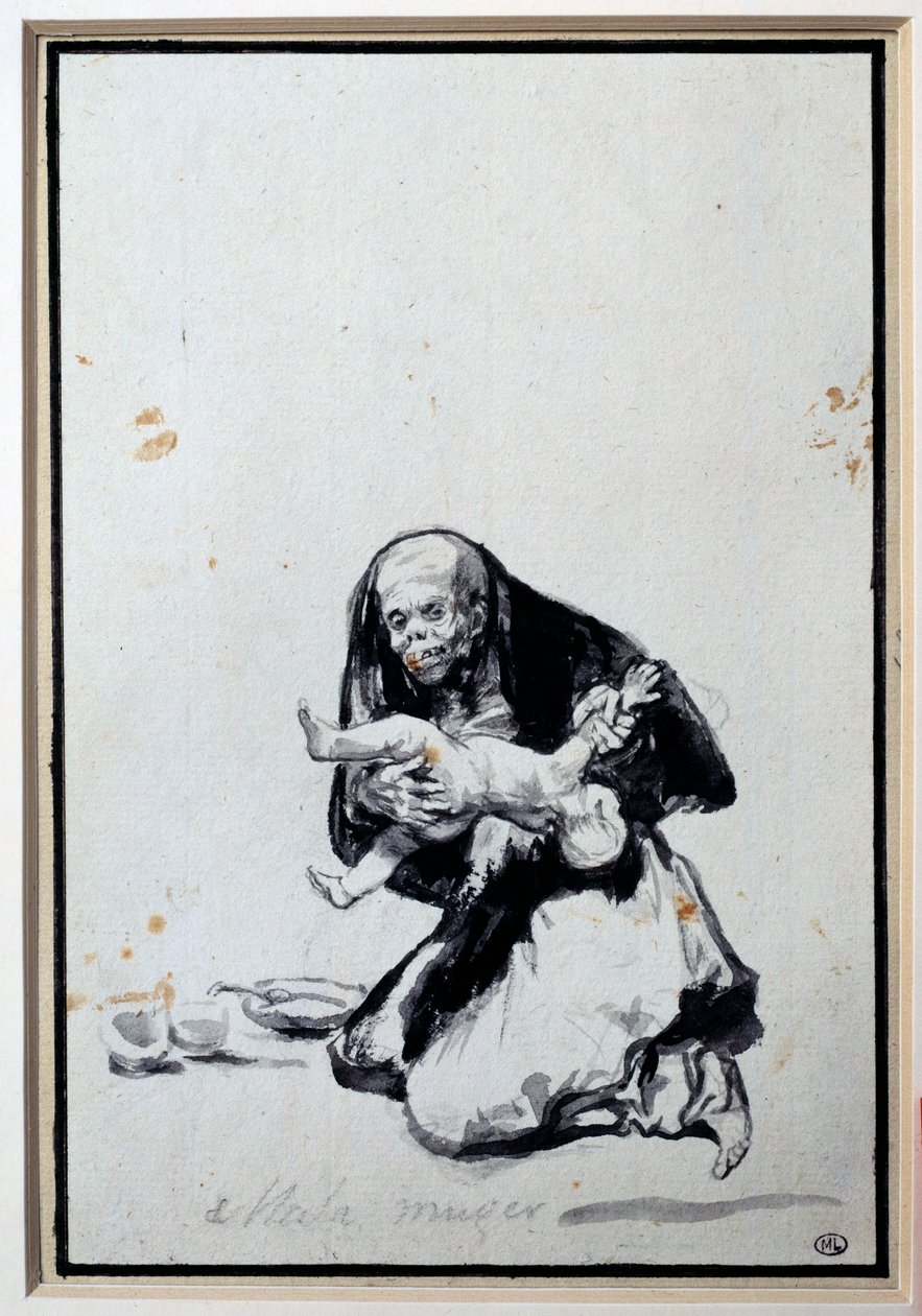 Den forkerte kvinde Antropofagi Scene, en heks har et barn. Grå vask af Francisco Goya y Lucientes (1746-1828) Søn. 0,21x0,14 m Paris, musee du Louvre af Francisco de Goya