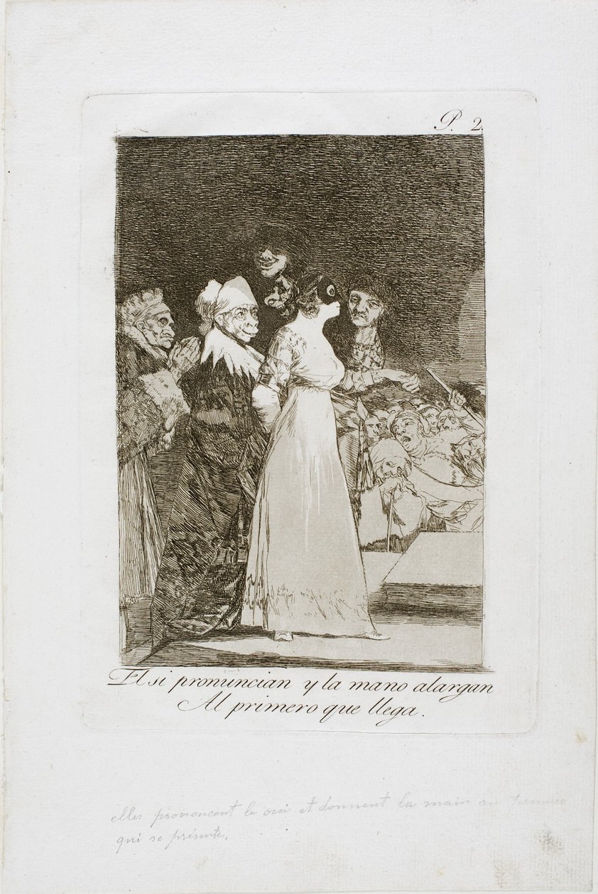 De siger "Ja" og giver deres hånd til den første, der kommer, plade to fra Los Caprichos, 1797-99 af Francisco de Goya