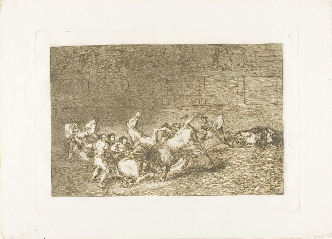 To hold picadorer kastet efter hinanden af en enkelt tyr, plade 32 fra The Art of Bullfighting af Francisco Jose de Goya y Lucientes