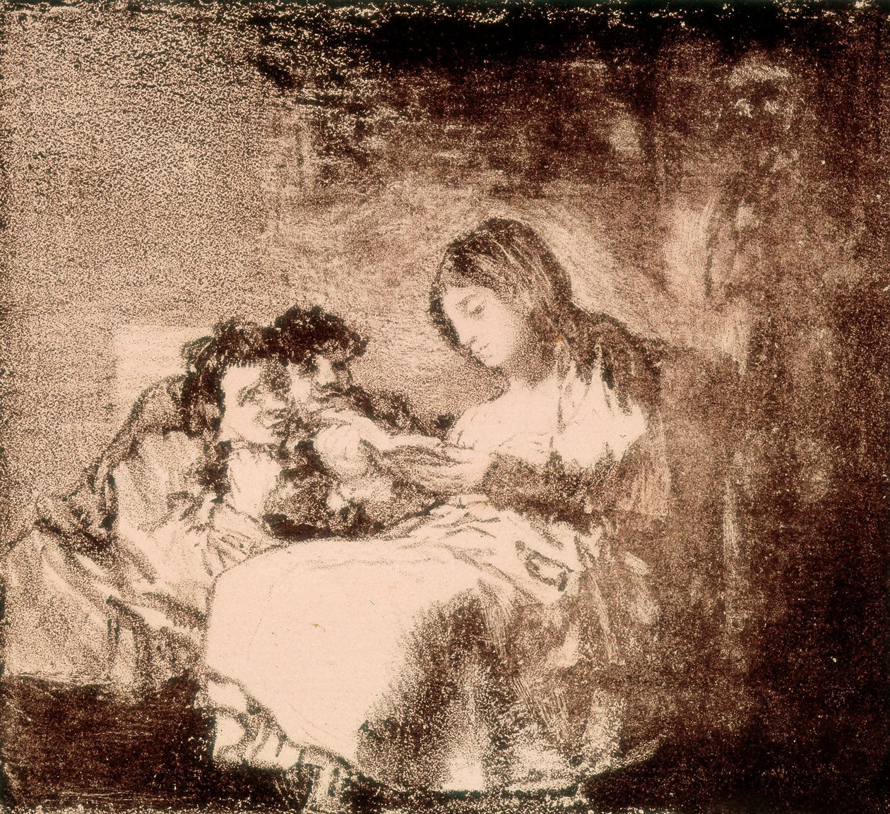 ""En kvinde læser en historie for to børn"" Litografi af Francisco de Goya y Lucientes (1746-1828). 1819-1822. Madrid. Nationalbiblioteket af Francisco Jose de Goya y Lucientes