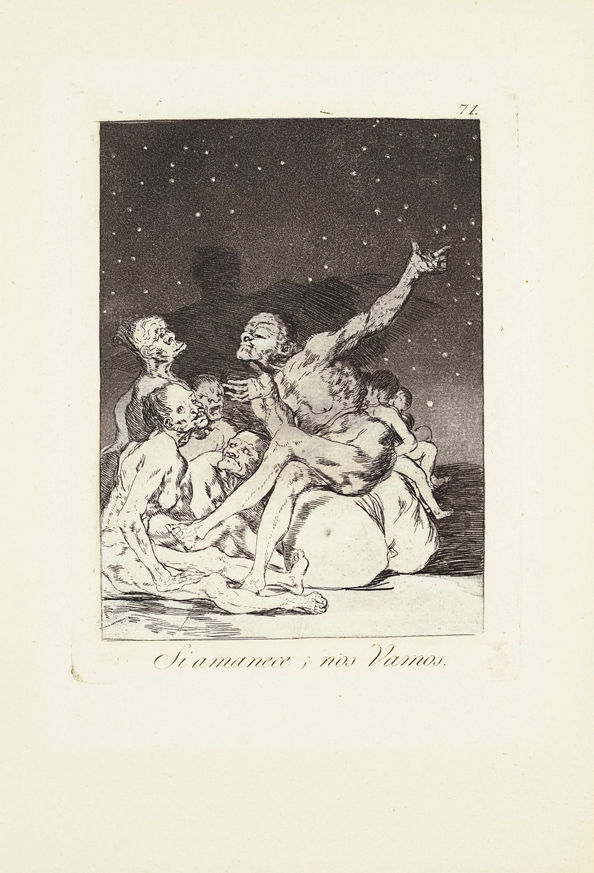 Når dagen bryder på, holder vi fri (Si amanece; nos vamos) Tavle 71 fra: Los Caprichos af Francisco Jose de Goya y Lucientes