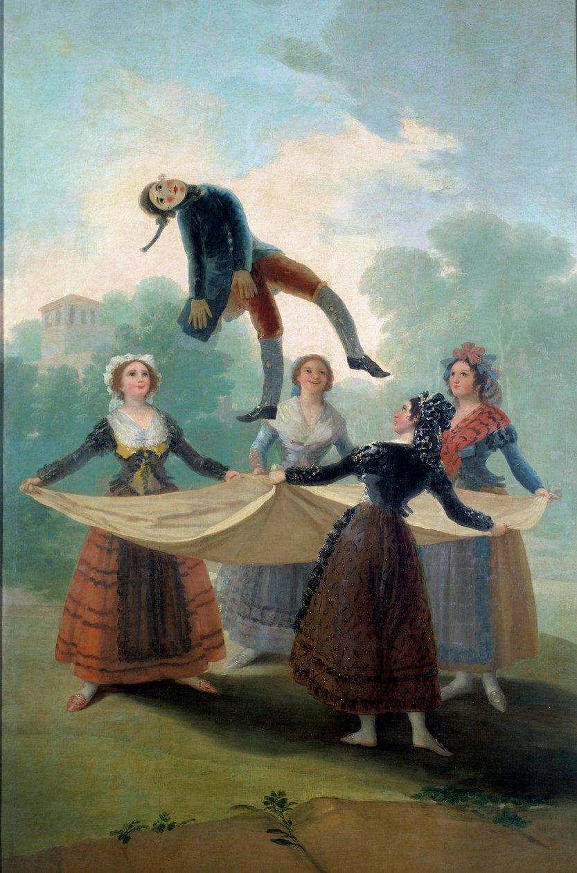 Unge kvinders marionet, der kaster en kludedukke i luften med en klud. Maleri af Francisco de Goya (1746-1828) 1792, søn. 1,6x2,67 m Madrid, Musee du Prado - Dukken. Unge piger kaster en kludedukke op med et lagen. Maleri af Francisco de Goya (1746-1828 af Francisco de Goya