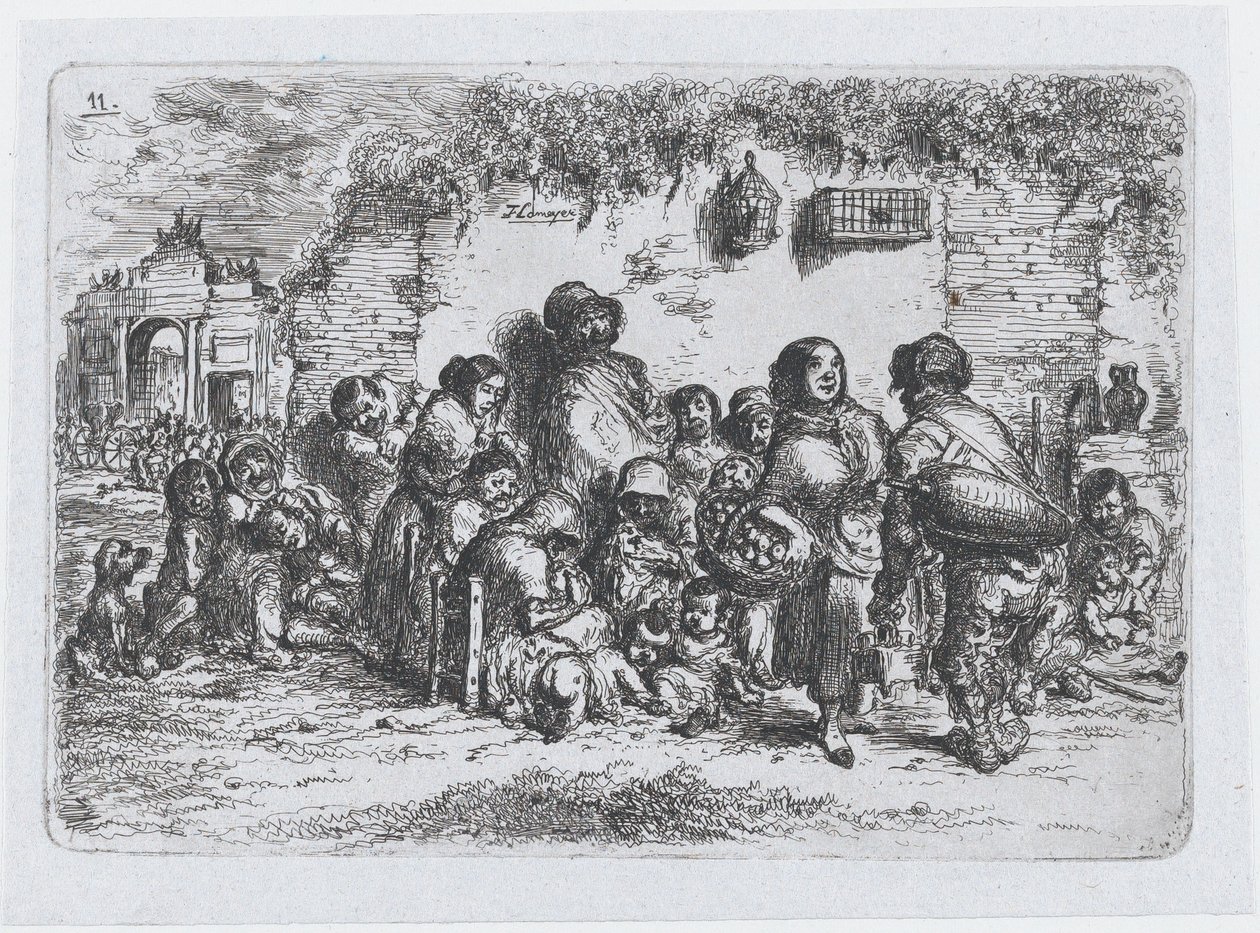Tavle 11: en gruppe mennesker udendørs, fra rækken af skikke og tidsfordriv fra Spanien, 1850. af Francisco Lameyer Berenguer