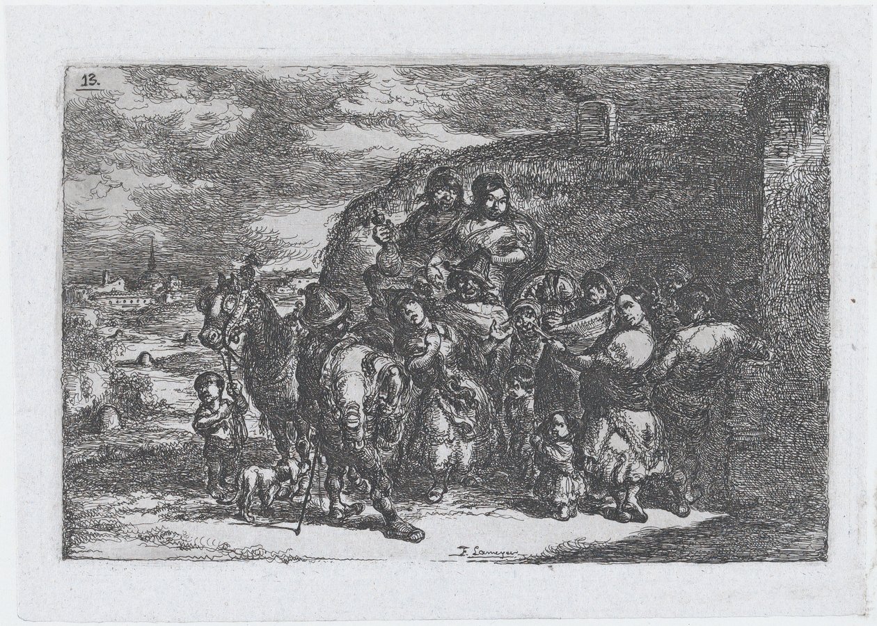 Plade 13: en gruppe mennesker udendørs, herunder muligvis musikere, fra serien af cust..., 1850. af Francisco Lameyer Berenguer