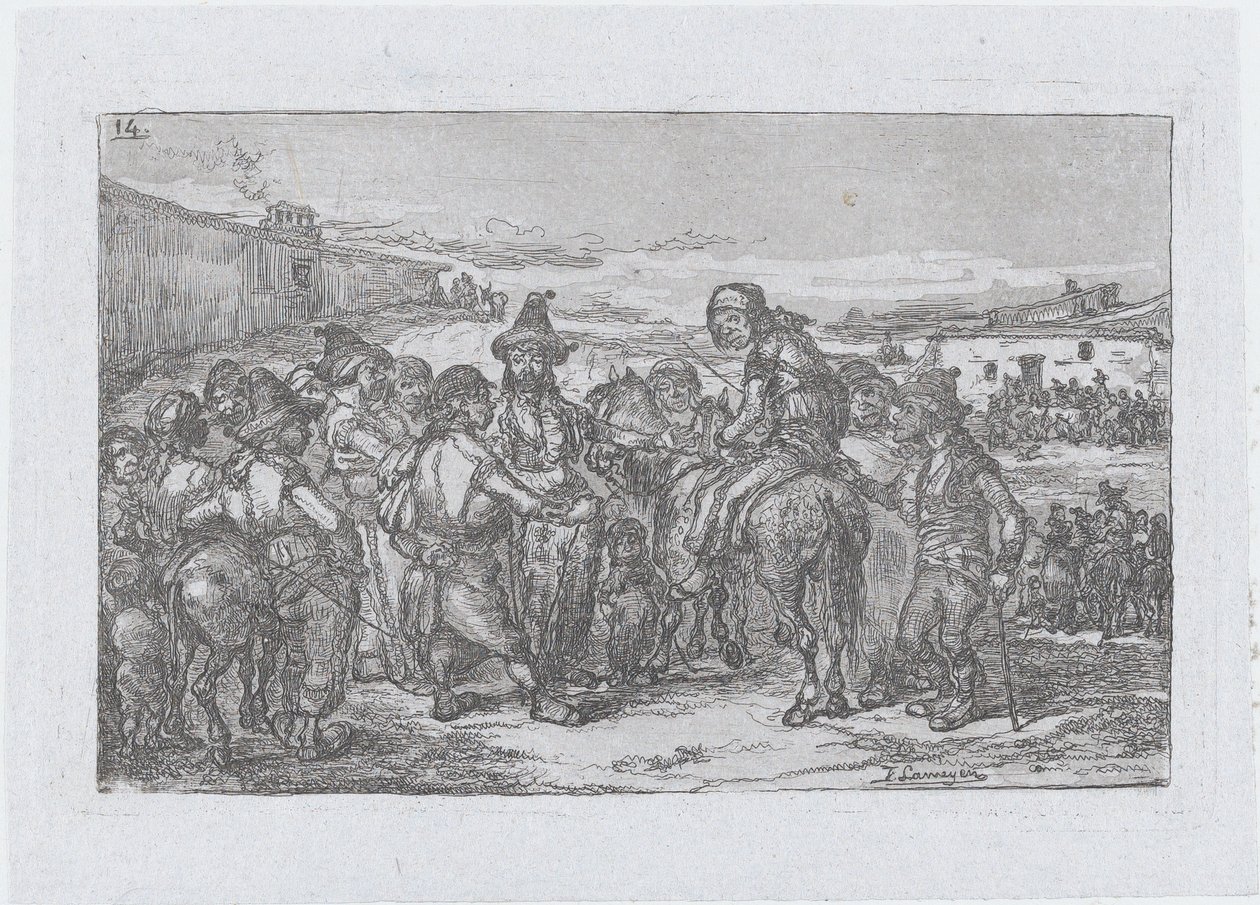 Plade 14: en stor gruppe mennesker udendørs, muligvis en gruppe skuespillere, fra serien o..., 1850. af Francisco Lameyer Berenguer