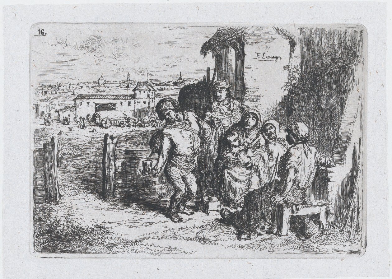 Plade 16: en gruppe mennesker udendørs, inklusive en mand, der hælder vin eller vand fra et kar ..., 1850. af Francisco Lameyer Berenguer