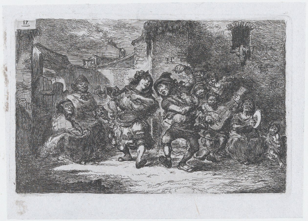 Tavle 17: gademusikanter og dansende figurer, fra rækken af skikke og tidsfordriv fra..., 1850. af Francisco Lameyer Berenguer
