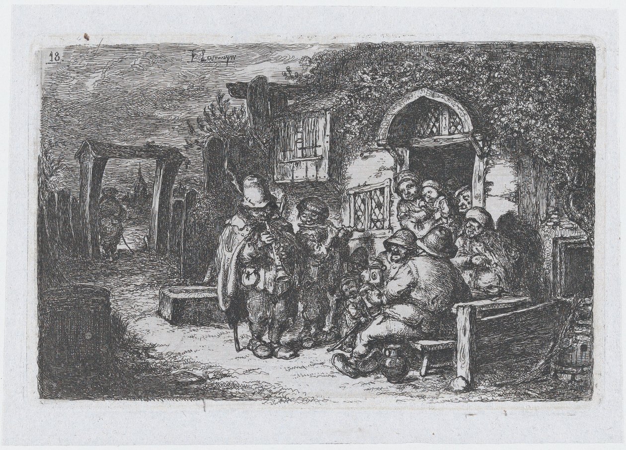 Tavle 18: gademusikanter og andre figurer uden for et værtshus, fra rækken af told ..., 1850. af Francisco Lameyer Berenguer