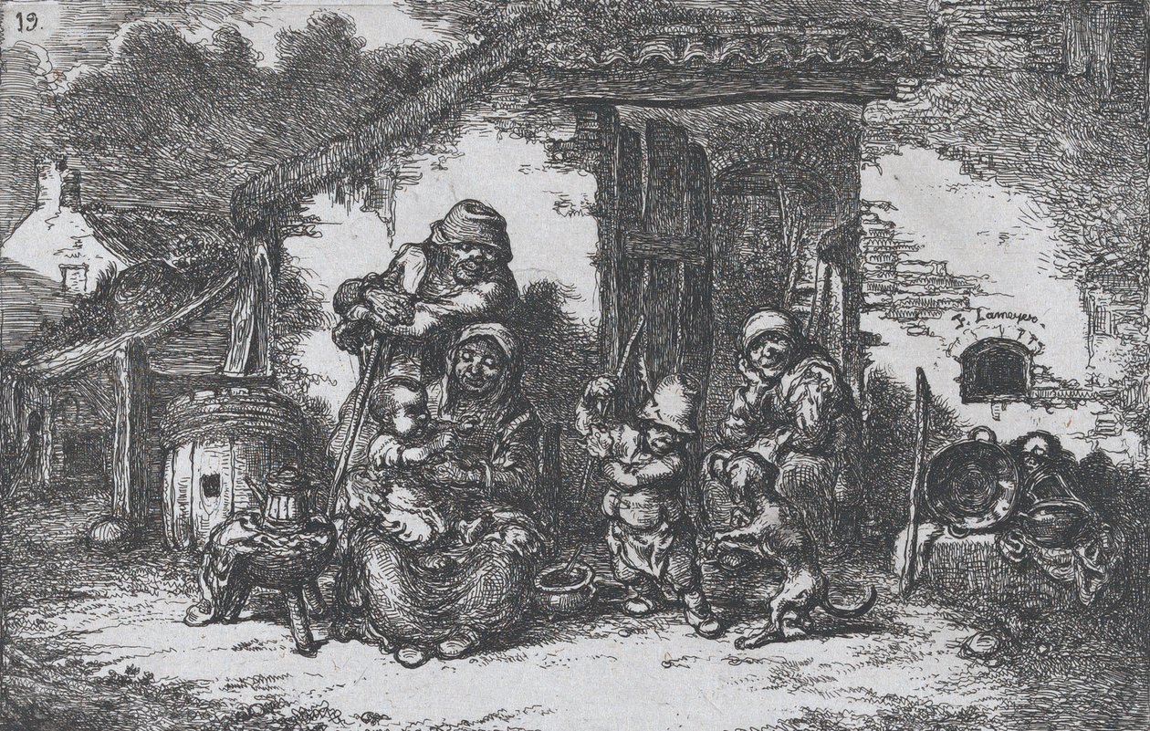 Plade 19: en familie og en dreng, der leger med en hund uden for et hus, fra serien af custom..., 1850. af Francisco Lameyer Berenguer
