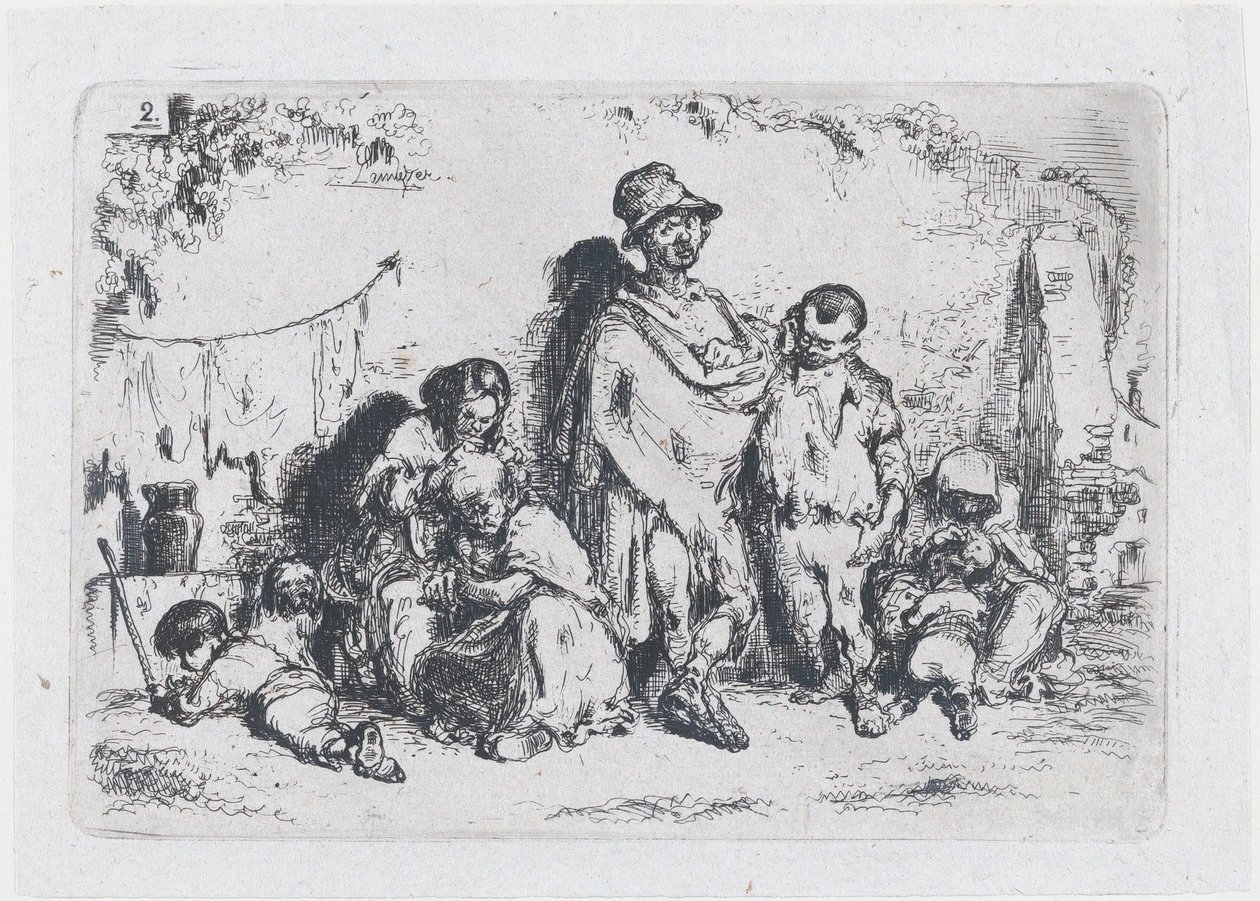 Plade 2: en gruppe mennesker på gaden, muligvis tiggere, fra rækken af told og..., 1850. af Francisco Lameyer Berenguer